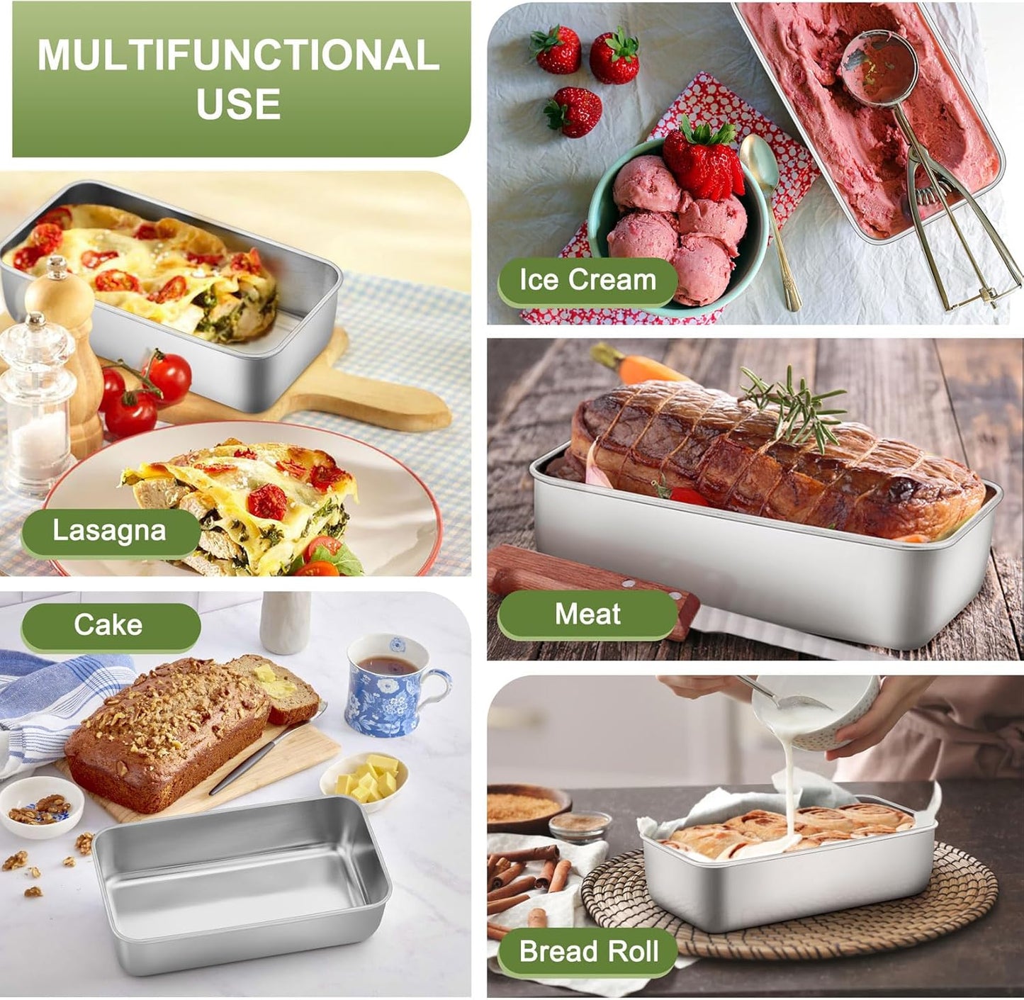 Loaf Pan Set, 9 X 5 Inch Bread Pans, Stainless Steel Loaf Toast Baking Pans for Bread Meatloaf Lasagna Cake, Healthy & Non Toxic, Oven & Dishwasher Safe,(Silver, 2Pcs)