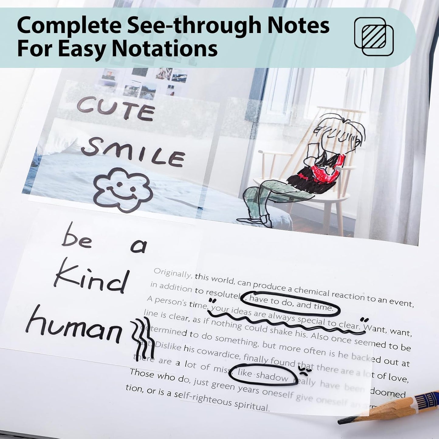 Transparent Sticky Notes - 3X3 Inch Clear, Waterproof Translucent Notes for Annotation - 300 Sheets
