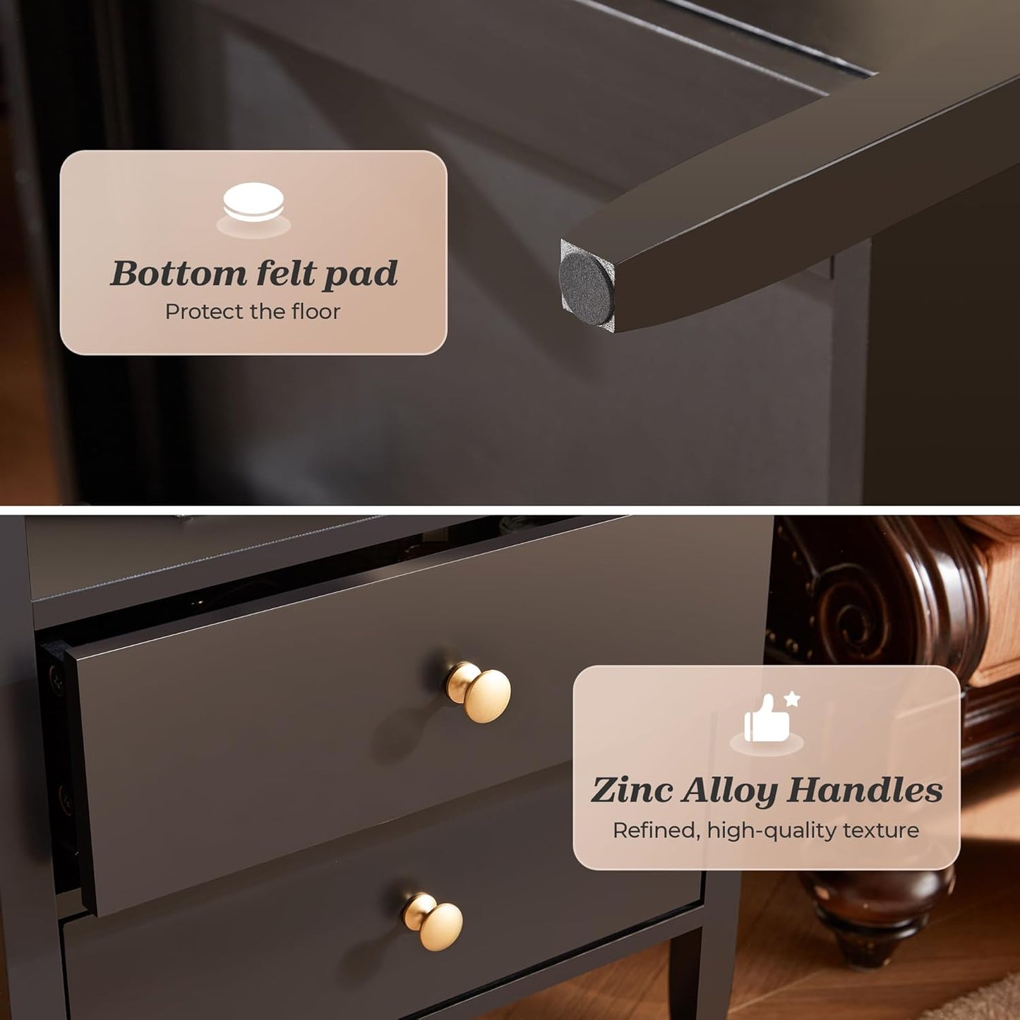 Modern Black Nightstand with Charging Station and Two Drawers, Stylish Bedside Table with Storage Solutions and Metal Knobs
