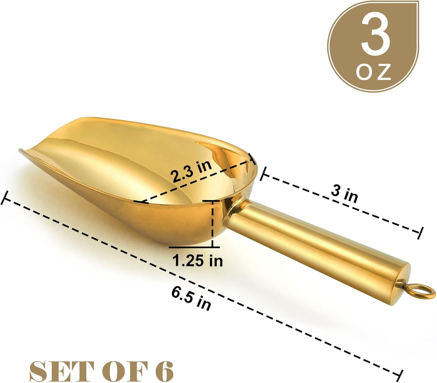 3OZ Mini Scoop Set of 6, 3 Ounce Stainless Steel Candy Sweet Ice Cube Scoop for Home Bar Buffet Wedding Canisters, Easy Clean & Durable - Gold