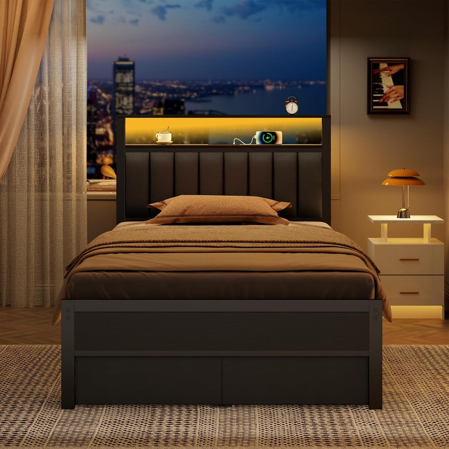 Twin Bed Frame with Integrated Charging Station and LED Lighting, Grey Upholstered Headboard with Shelving, Metal Platform Design featuring Under-Bed Storage Drawers on Wheels, No Box Spring Required