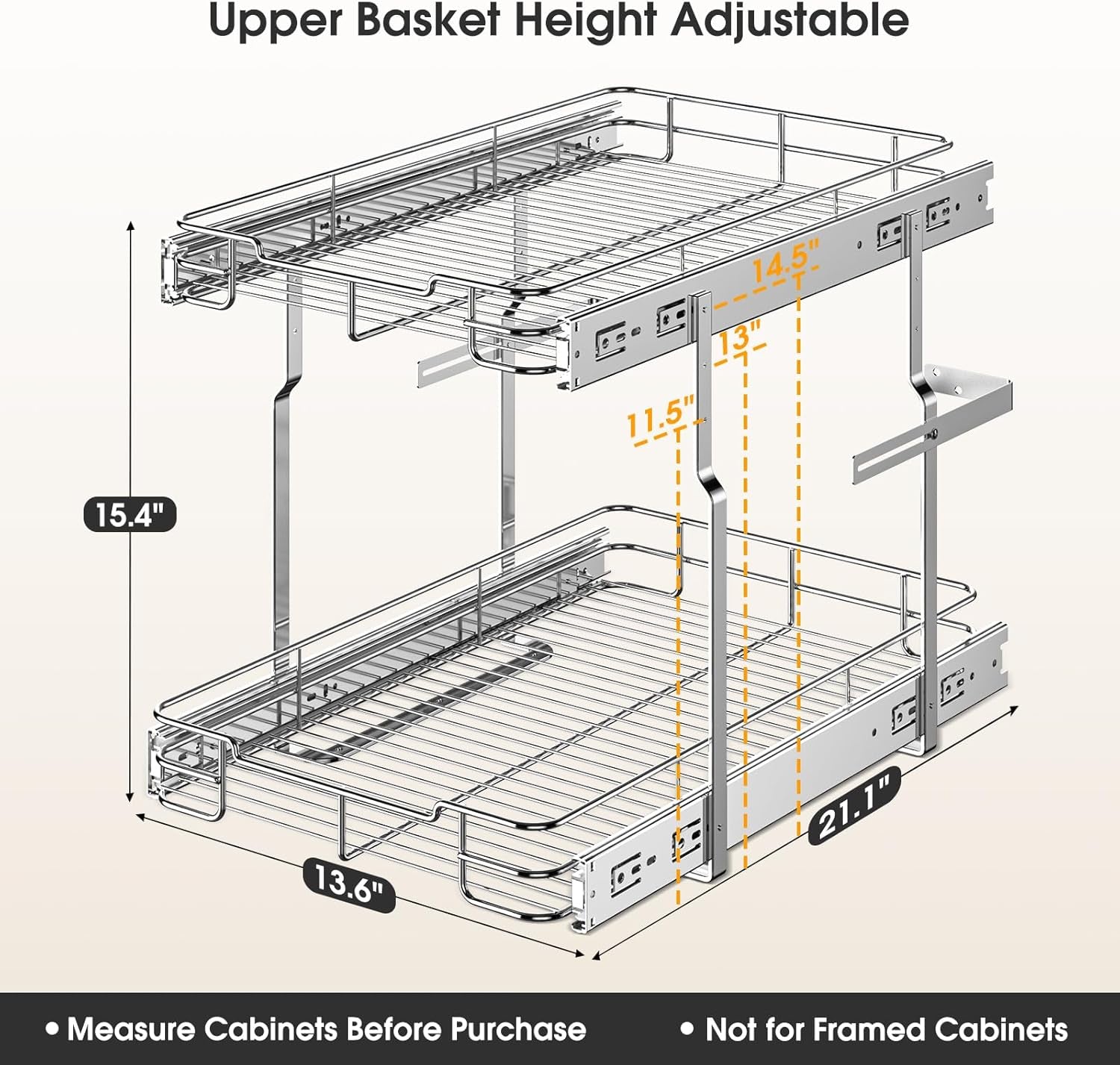 Pull Out Cabinet Organizer, Heavy Duty Cabinet Shelf Organizers, 2 Tier Cabinet Slide Out Shelves for Kitchen, Pantry, Bathroom, 14" W X 21" D