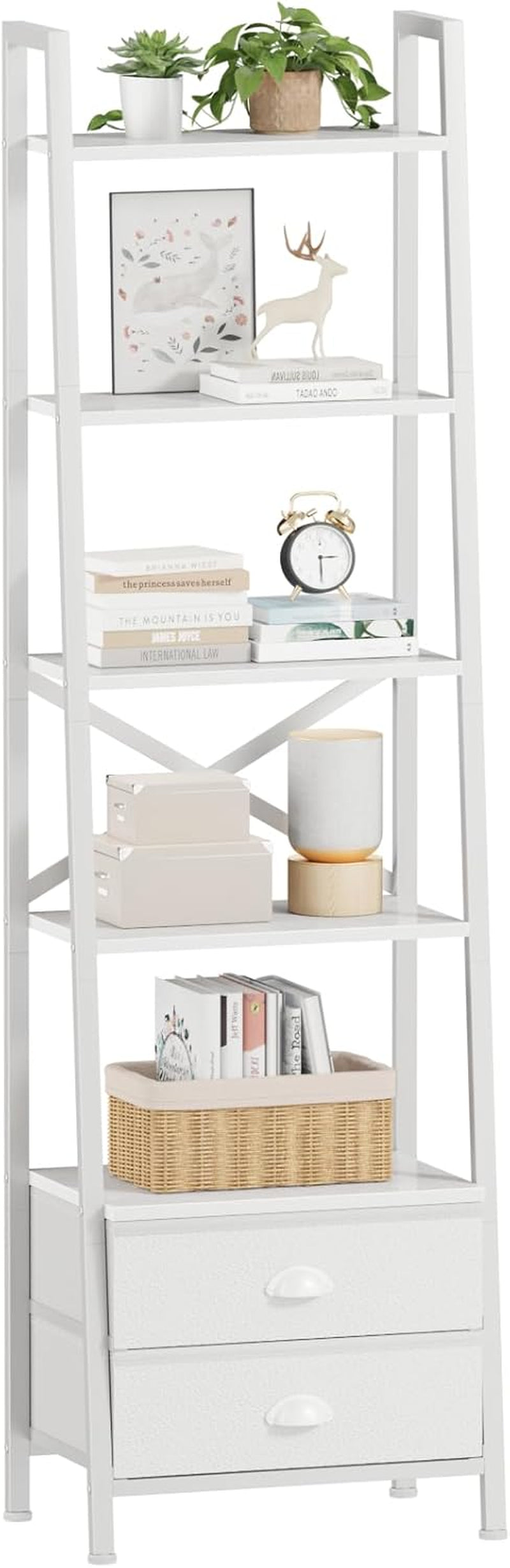 5-Tier Ladder Shelf with 2 Drawers,Narrow Bookshelf Storage Shelves,Industrial Bookcase Freestanding Rack Units for Bedroom,Living Room,Bathroom,Home Office,Balcony,Wood Metal, White