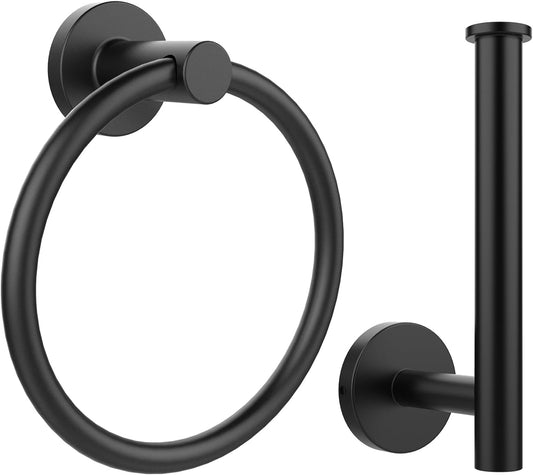 Towel Holder for Bathroom Wall Matte Black Stainless Steel Bathroom Accessories Set Includes Towel Ring and Toilet Paper Holder, Drill Hole