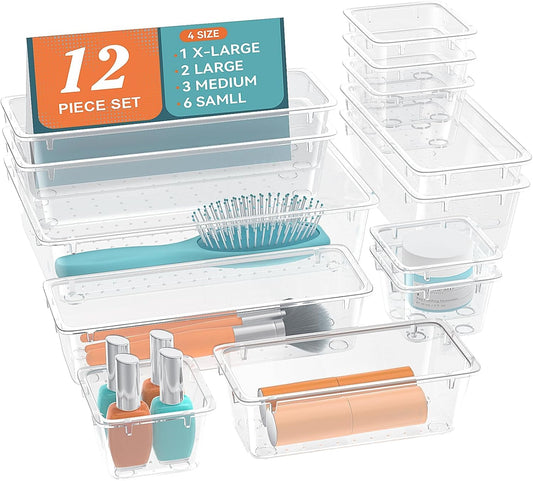 12 PCS Drawer Organizer Set, 4 Sizes Storage Drawer Units, Clear Plastic Makeup Vanity Organizer and Storage Bins for Makeup, Stationeries, Multiple Gadgets for Bathroom, Office, Bedroom
