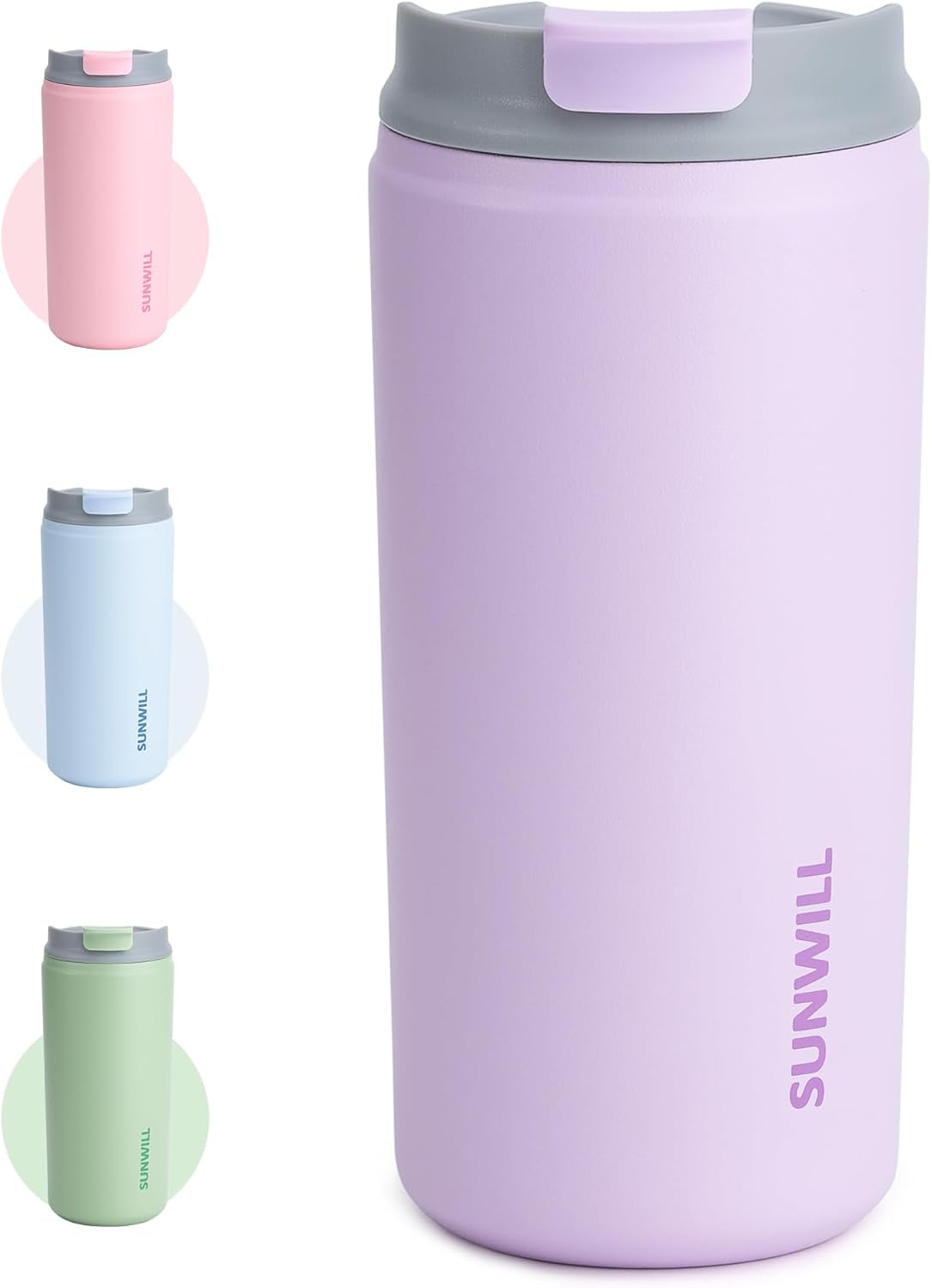 Travel Coffee Tumbler, Insulated Mug with Lid, Leak Proof Stainless Steel Cup 12 Oz for Water, Tea, Ice, Powder Coated Lavender