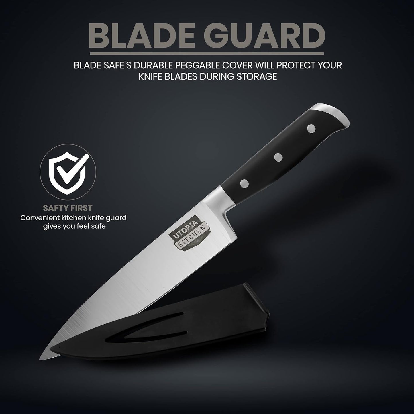 8 Inch Chef Kitchen Knife Cooking Knife Carbon Stainless Steel with Sheath and Ergonomic Handle Chopping Meat for Professional Use Black