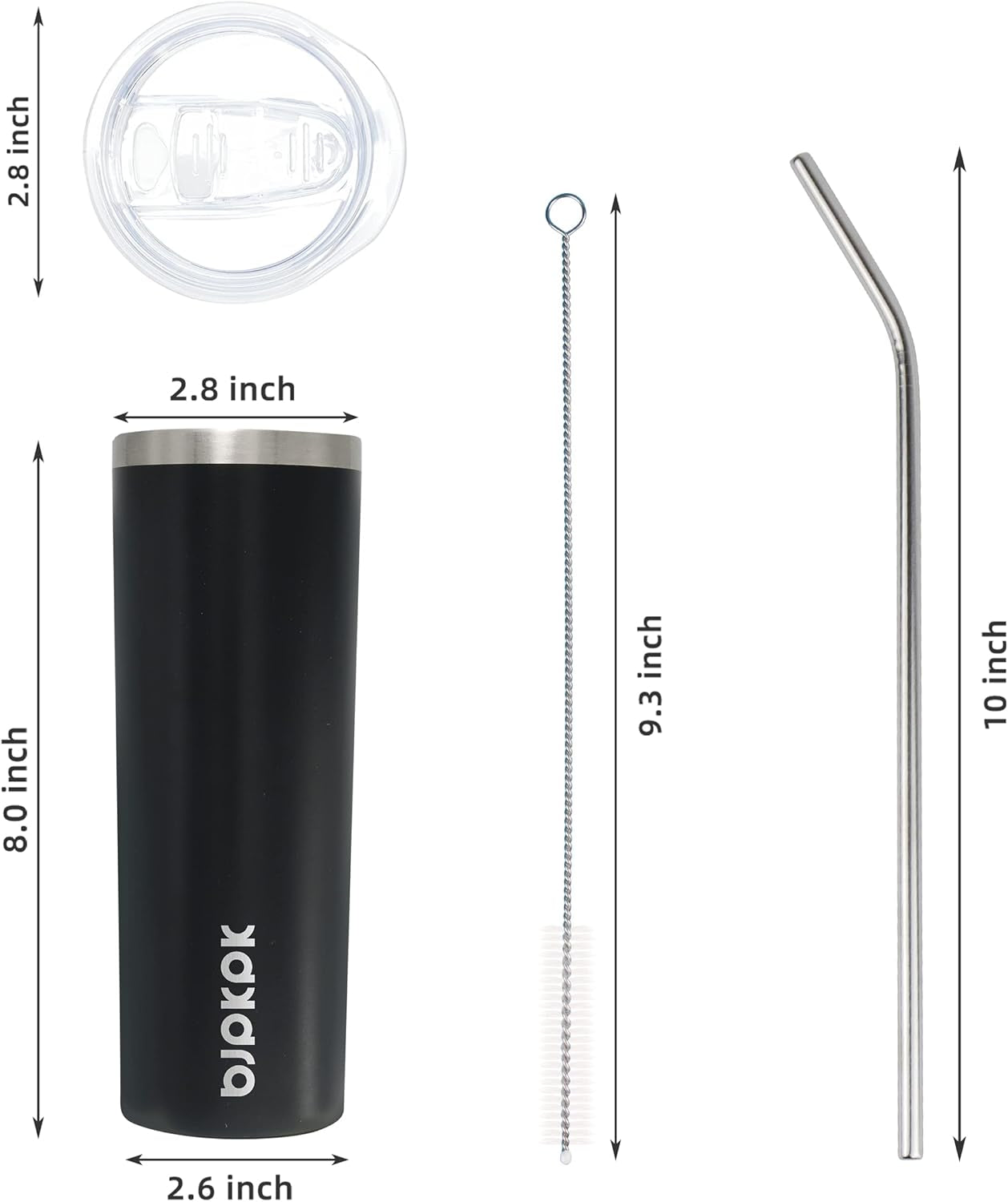 Black Skinny Stainless Steel Tumblers 20 Oz Slim Insulated Reusable Coffee Travel Water Tumbler Cup with Lid