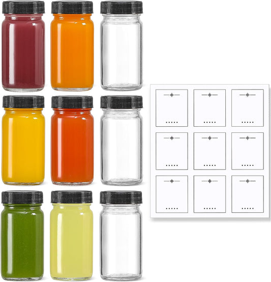 9 Pack, 2 Oz Glass Shot Bottles W/ Black Lids & 9 Labels - Small Clear Jar for Ginger, Wellness Shot, Juice, Sample, Whiskey - Travel Essentials Mini Bottles - Wide Mouth, Leakproof, Dishwasher Safe