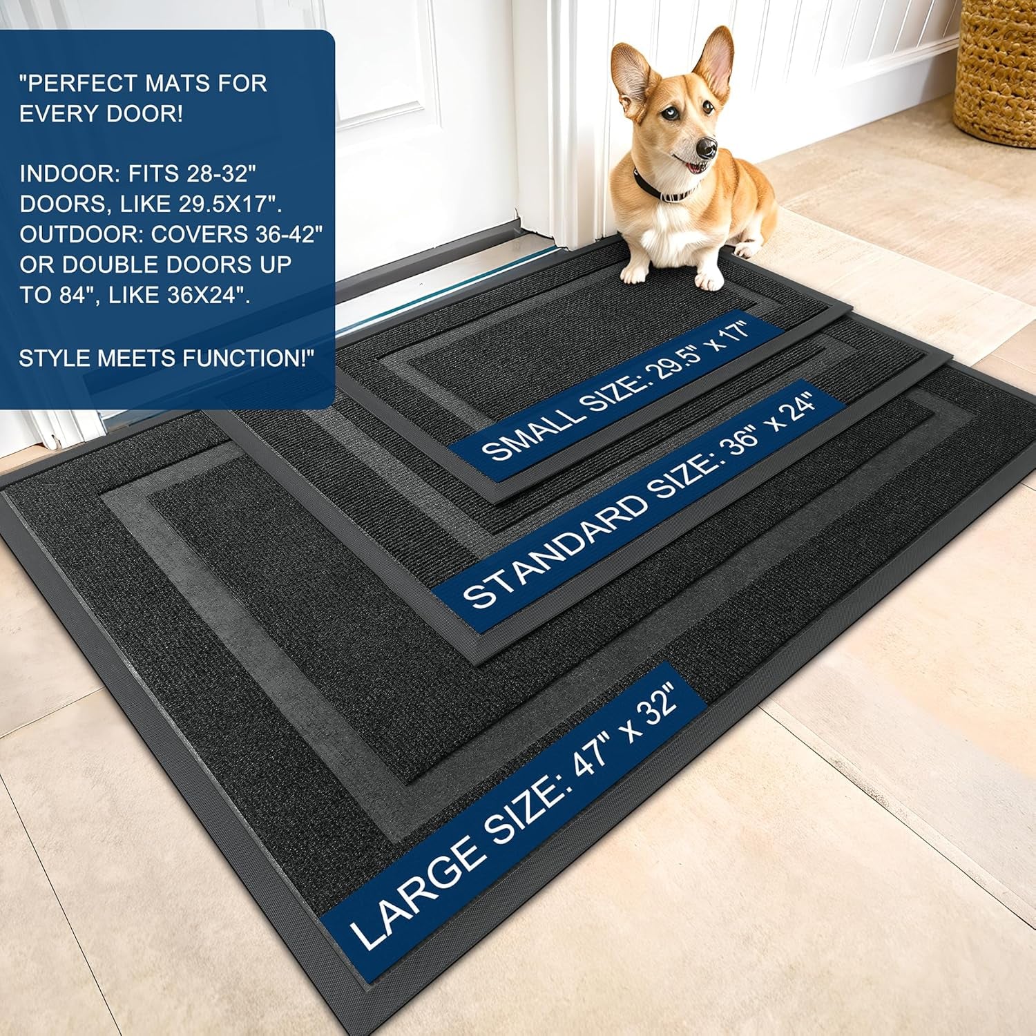 Front Door Mat Indoor Outdoor Entrance, Waterproof All-Season, All-Weather Doormat, Sturdy Natural Rubber, Fade Resistant, Low Profile, Easy Clean Patio Porch Entryway Mat, 29.5X17, Black