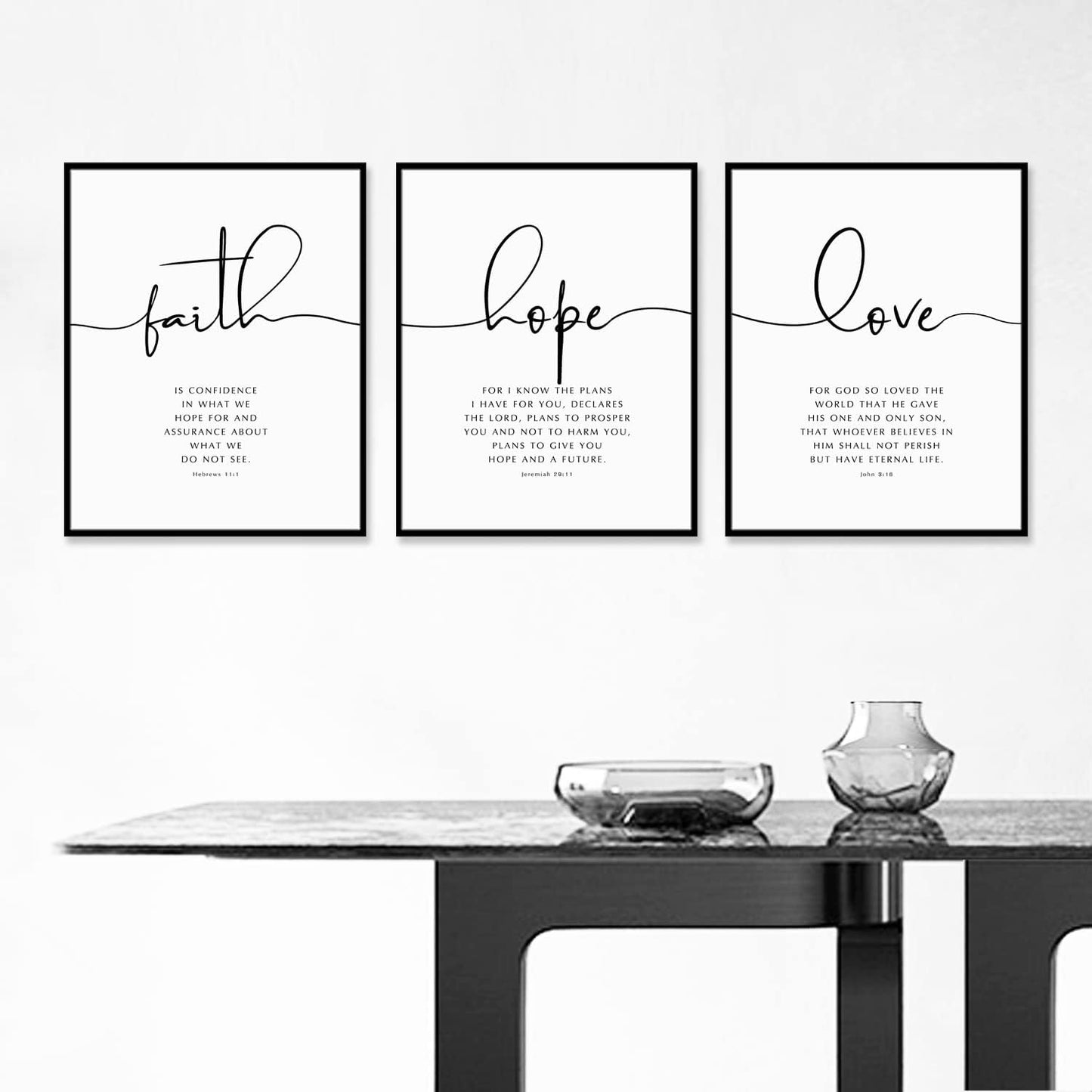 Faith Hope Love Wall Art, Bible Verse Wall Art, Christian Wall Decor, Farmhouse Christian Decor, Bedroom Wall Decor, Hebrews 11, John 3, Jeremiah 29, Scripture Quote, UNFRAMED 11X14Inch