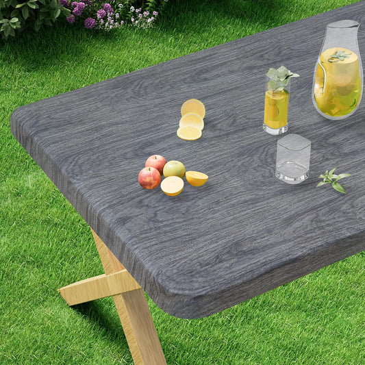 Rectangle Vinyl Tablecloth, Fitted Table Cover, Waterproof, Elastic Edge, Plastic Table Cloth Fit 6 Foot Folding Tables for Picnic, Indoor and Outdoor (Wood Grey, 30X72 Inch)