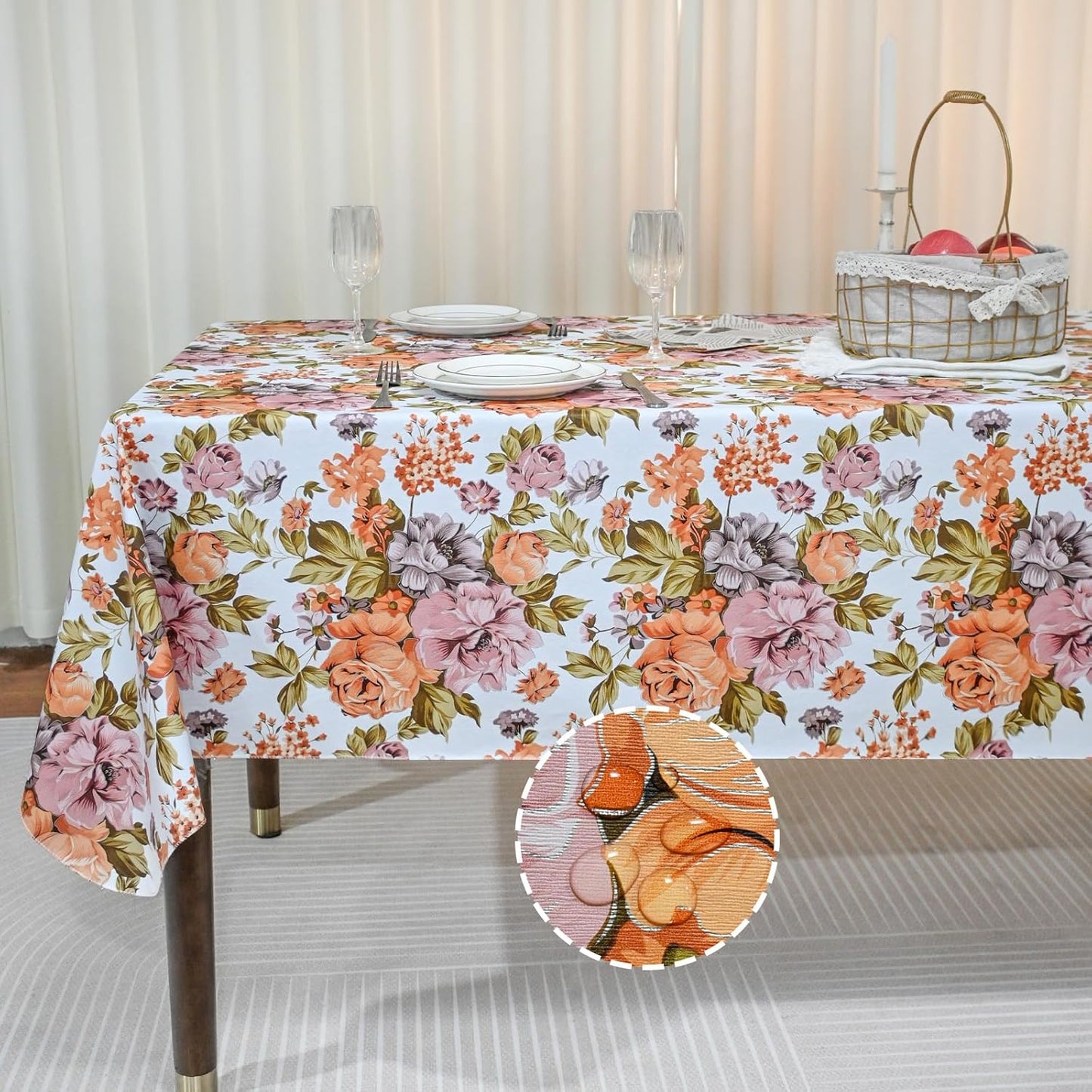 Rectangle Flower Table Cloth, Waterproof Vinyl Tablecloth with Flannel Backing, Table Linens, Plastic Tablecloths for Dinner, Kitchen and Parties, 60"X84"