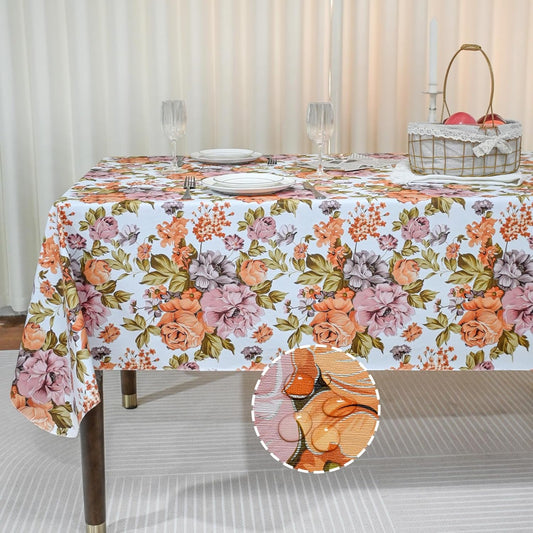 Rectangle Flower Table Cloth, Waterproof Vinyl Tablecloth with Flannel Backing, Table Linens, Plastic Tablecloths for Dinner, Kitchen and Parties, 60"X84"