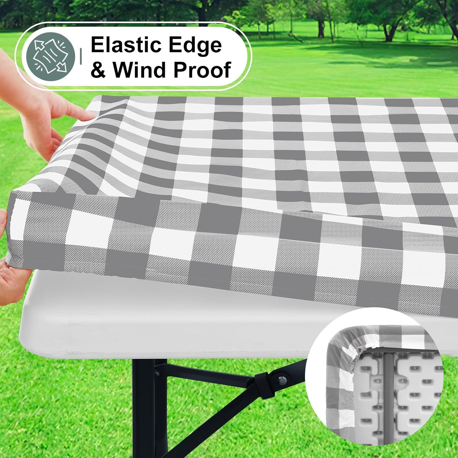 Buffalo Rectangle Picnic Tablecloth, 6 Foot Elastic Fitted Vinyl Table Cloth with Flannel Backing, Waterproof Plaid Table Covers for Dining, Camping, Outdoor (Grey and White, 30" X 72")