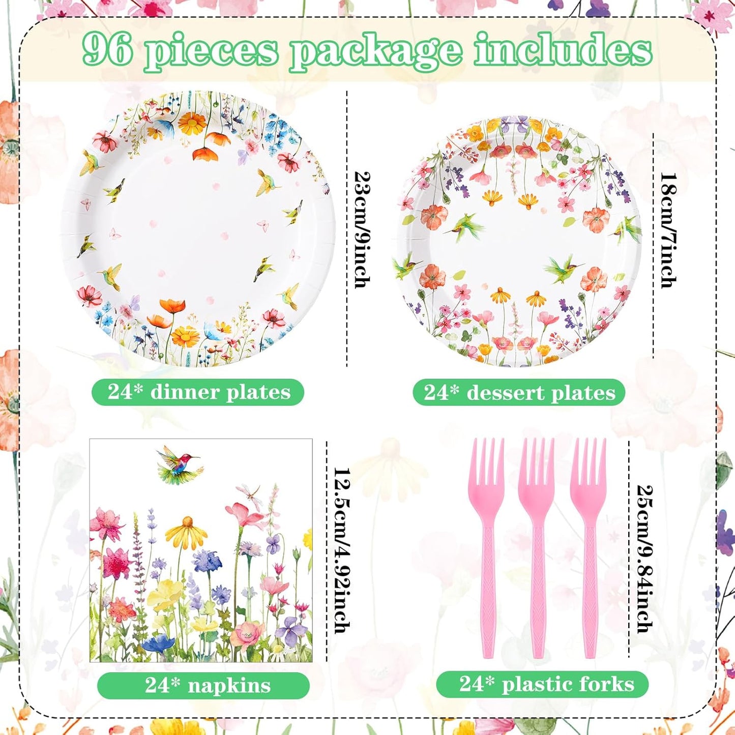 Wildflower Themed Party Supplies: 96 Disposable Paper Plates and Napkins for Baby Showers, Birthdays, and Seasonal Celebrations, Serving 24 Guests