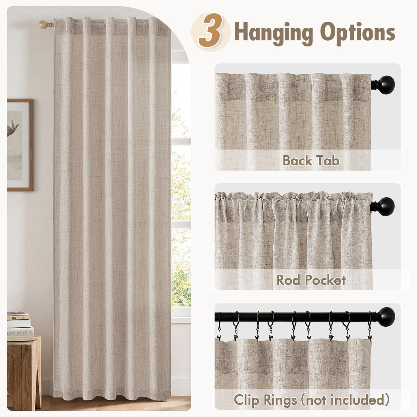 Linen Textured Small Kitchen Window Curtains over Sink, Semi Sheer Farmhouse Cafe Curtain 36 Inch Long Short Back Tab Half Window Curtains for Bathroom Basement 2 Panels