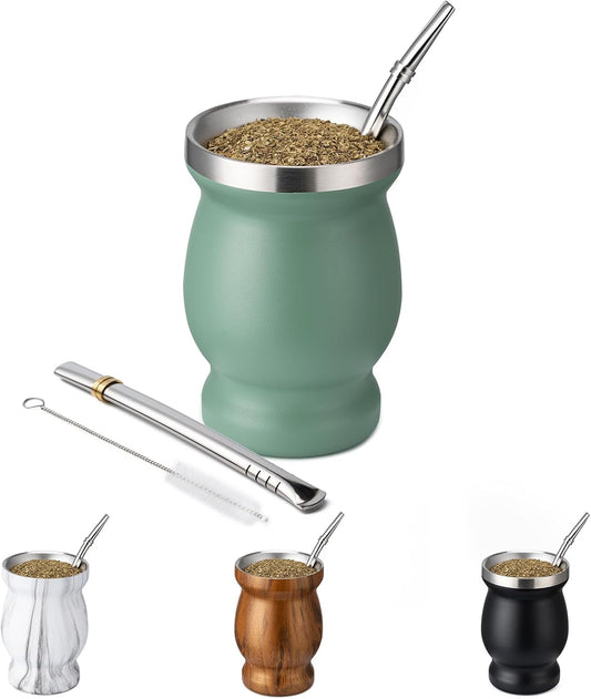 8Oz Yerba Mate Cup, 304 Stainless Steel Double-Wall Mate Cup, Heat Insulation Yerba Mate Gourd, Tea Cup Set Includes Cleaning Brush & 2 Bombillas (Green)