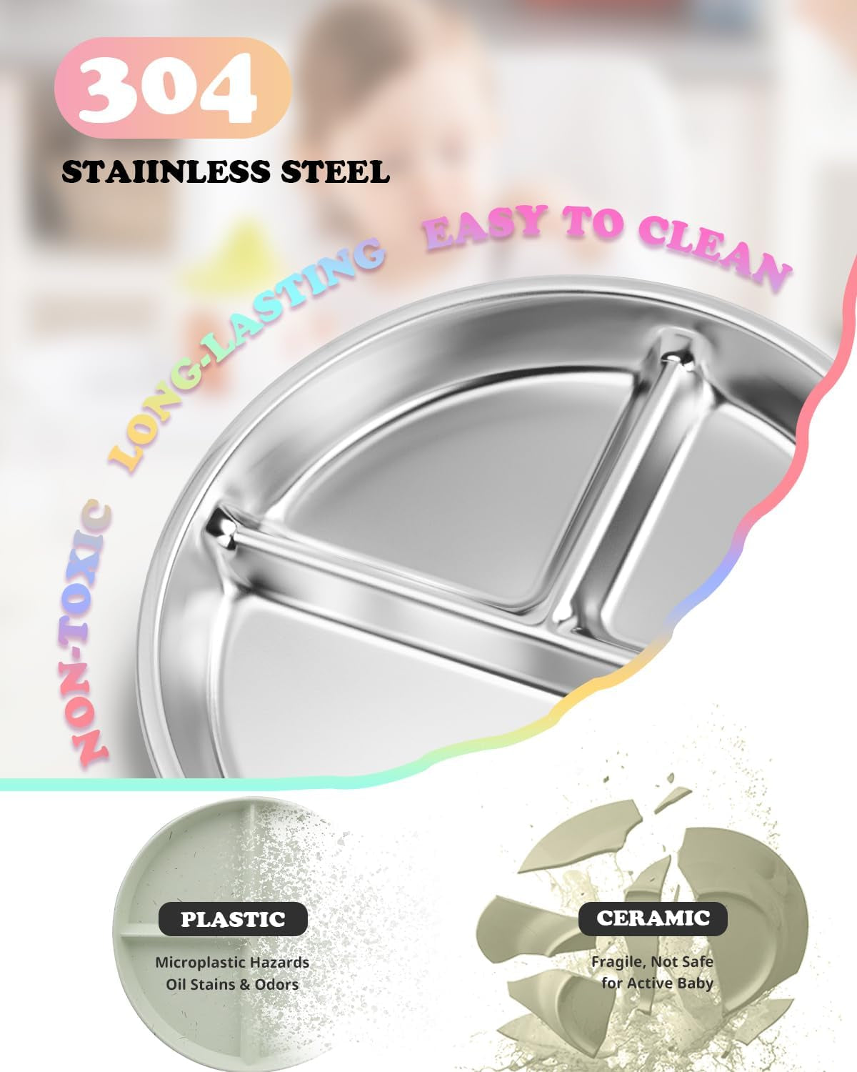 Stainless Steel Kids Plates with Lid 2 Packs, Deepened 9" Portion Control Plate Divided Plate for Adults Bariatric Weight Loss & Diabetic Diet, Non Toxic Unbreakable Toddlers Lunch Dishes