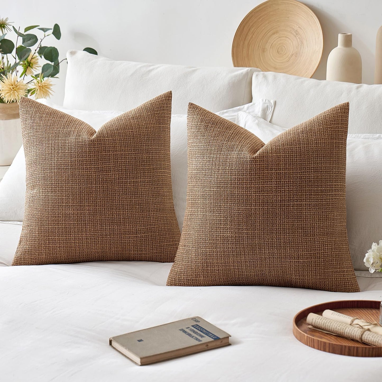 Burlap Linen Throw Pillow Covers 18X18 Inch Set of 2 Brown Decorative Pillows Modern Farmhouse Pillowcases Soft Accent Cushion Covers for Outdoor Couch Sofa Bedroom Livingroom Home Decor