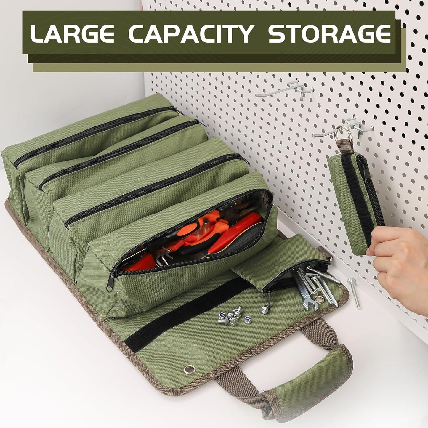 Roll up Tool Bag - Heavy Duty Green Motorcycle Tool Roll, Portable Tool Box Organizer Storage for Mechanics, Electricians, Diyers, Ideal Kit for Men, Father, Birthdays, Holidays