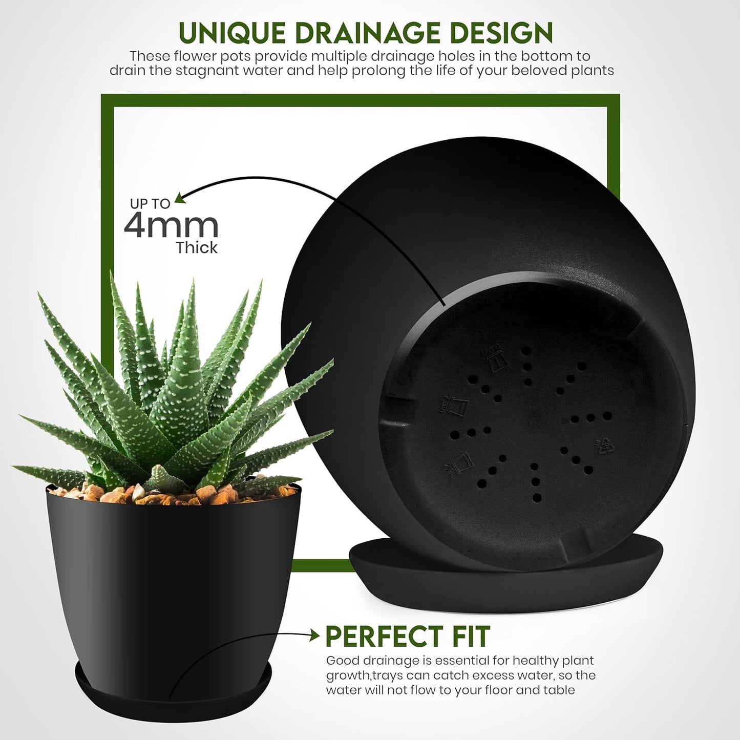 - Plant Pots Indoor with Drainage - 7/6.6/6/5.3/4.8 Inches Flower Pots for Indoor Planter - 5 Pack Plastic Planters - Ideal for Stocking Stuffers or Home Christmas Decorations - Black