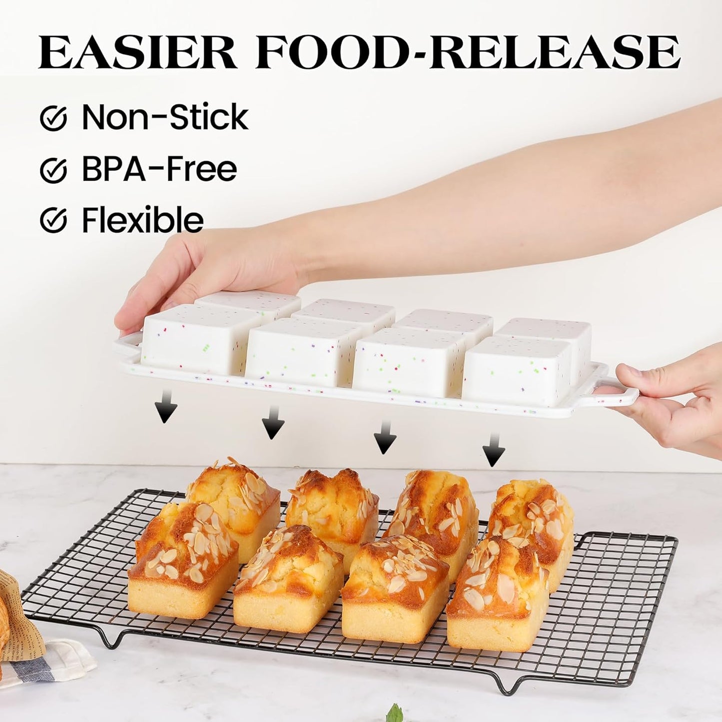 Set of 2 Mini Silicone Loaf Pans with Metal Reinforced Frame - Nonstick Small Bread and Meatloaf Baking Pans, 8 Cavity (Cream)