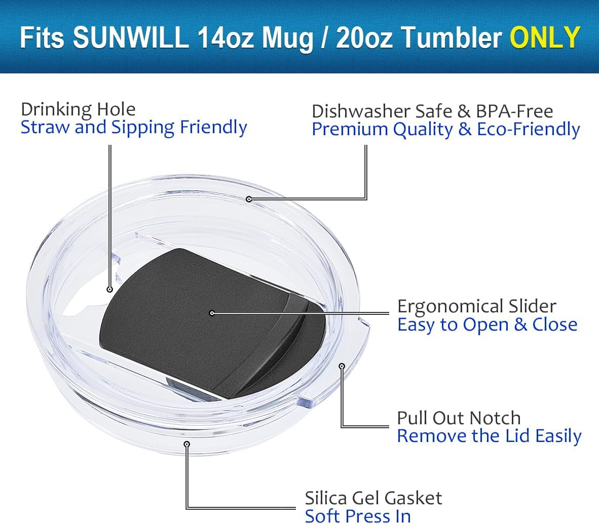 Lid for 14Oz Mugs and 20Oz Tumblers Only, Spill and Splash Resistant Sliding Covers Replacement 2 Pack Black, Straw Friendly, BPA Free