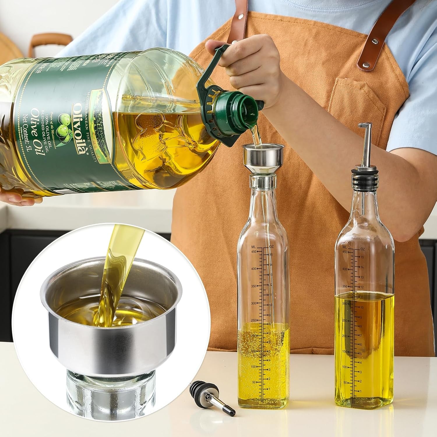17Oz Glass Olive Oil Dispenser Bottle - 500Ml Clear -Oil & Vinegar Cruet with Pourers and Funnel - Olive Oil Carafe Decanter for Kitchen