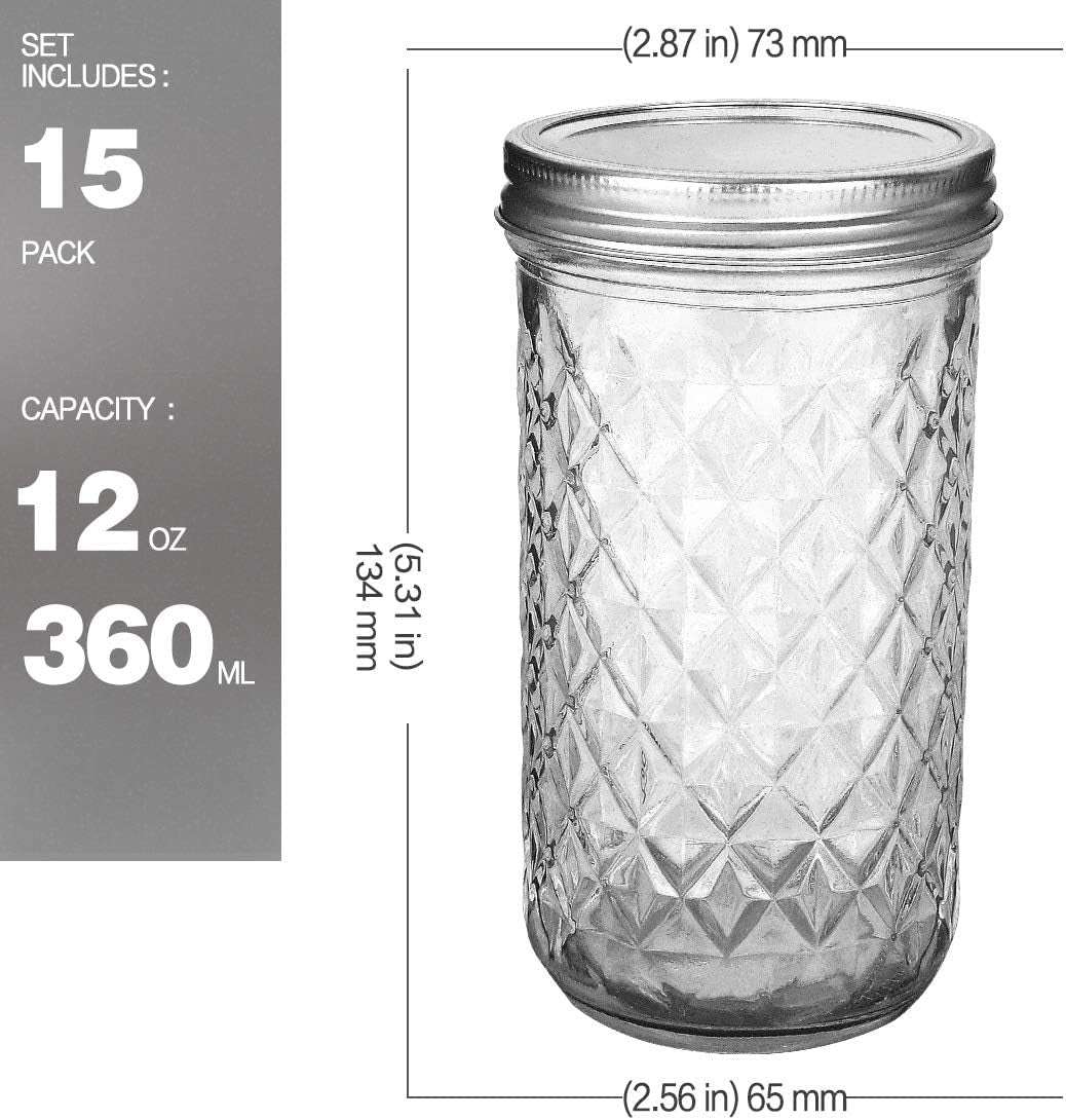 12 OZ Mason Jars - 15 Pack Canning and Jelly Jars with Regular Lids, Perfect for Jam, Honey, Wedding and Shower Favors