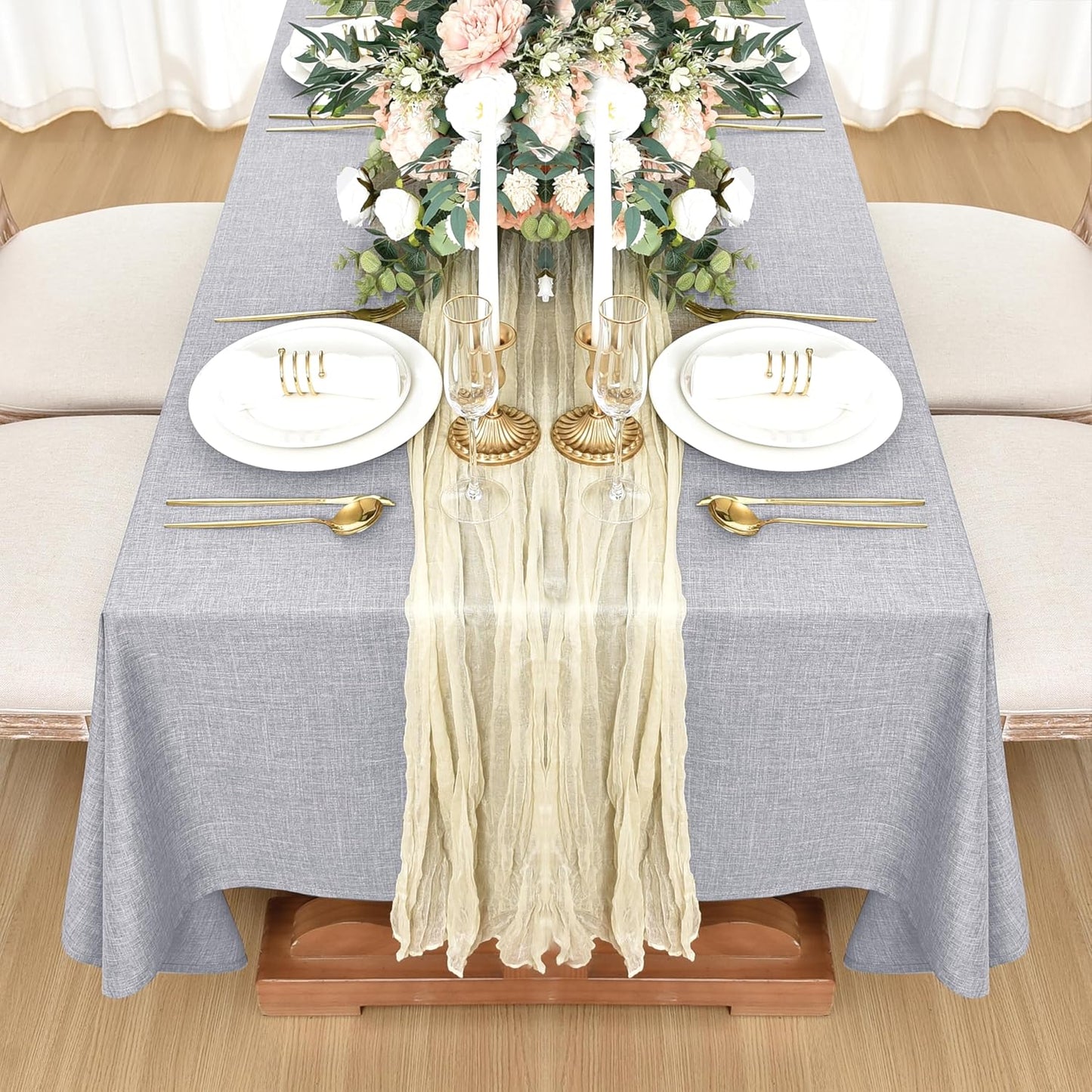 Faux Linen Rectangle Tablecloths: Water and Stain Resistant Farmhouse Style, Washable Burlap Textured Covers for Kitchen and Dining Events (2 Pack, 52x70 Inch, Light Grey)