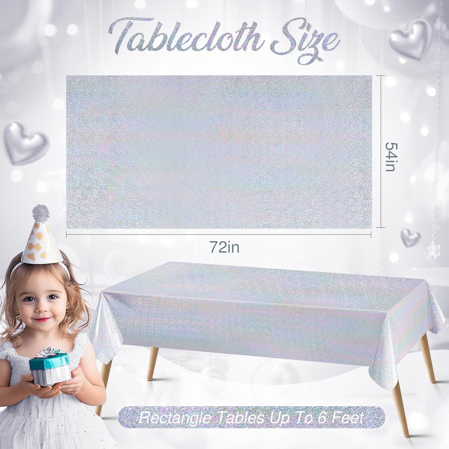 Set of 2 Silver Holographic Foil Tablecloths - 54x72 Durable Table Covers for Elegant Celebrations, Perfect for Parties, Weddings, and Showers