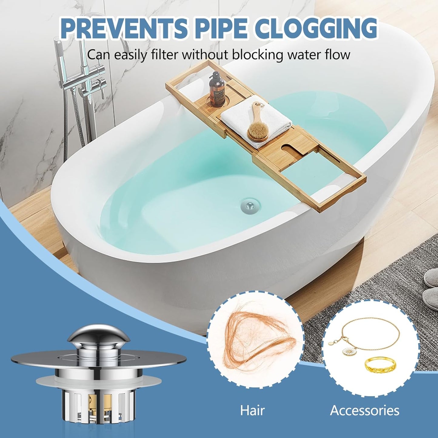 Universal Bathtub Drain Stopper, Tub Stopper Bathtub Drain, Pop up Tub Drain Hair Catcher, Replaces Bath Tub Lift and Turn, Tip-Toe and Trip Lever
