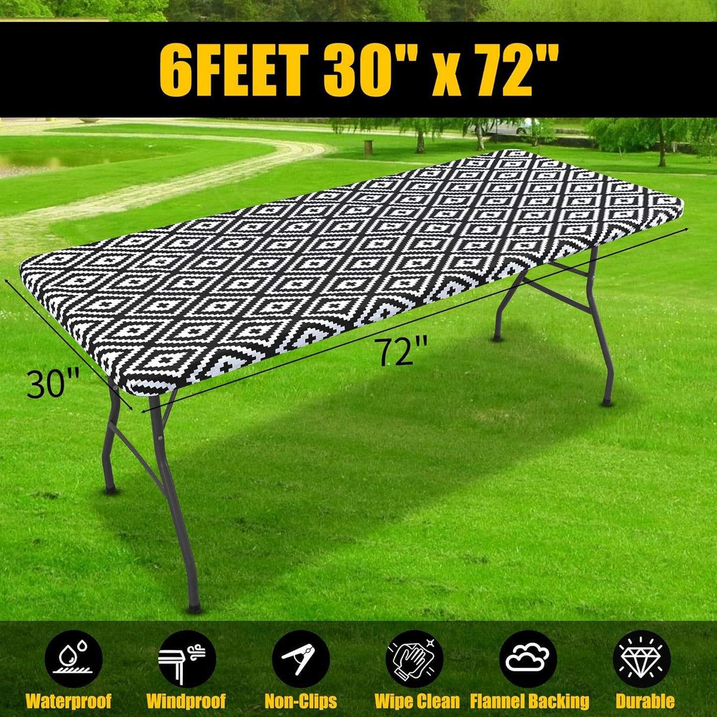 Rectangle Picnic Table Cloth, Waterproof Elastic Fitted Outdoor Tablecloths for 6 Foot Tables, Wipeable Flannel Backed Vinyl Table Cover for Camping, Dining and Indoor (30"X72", Black)