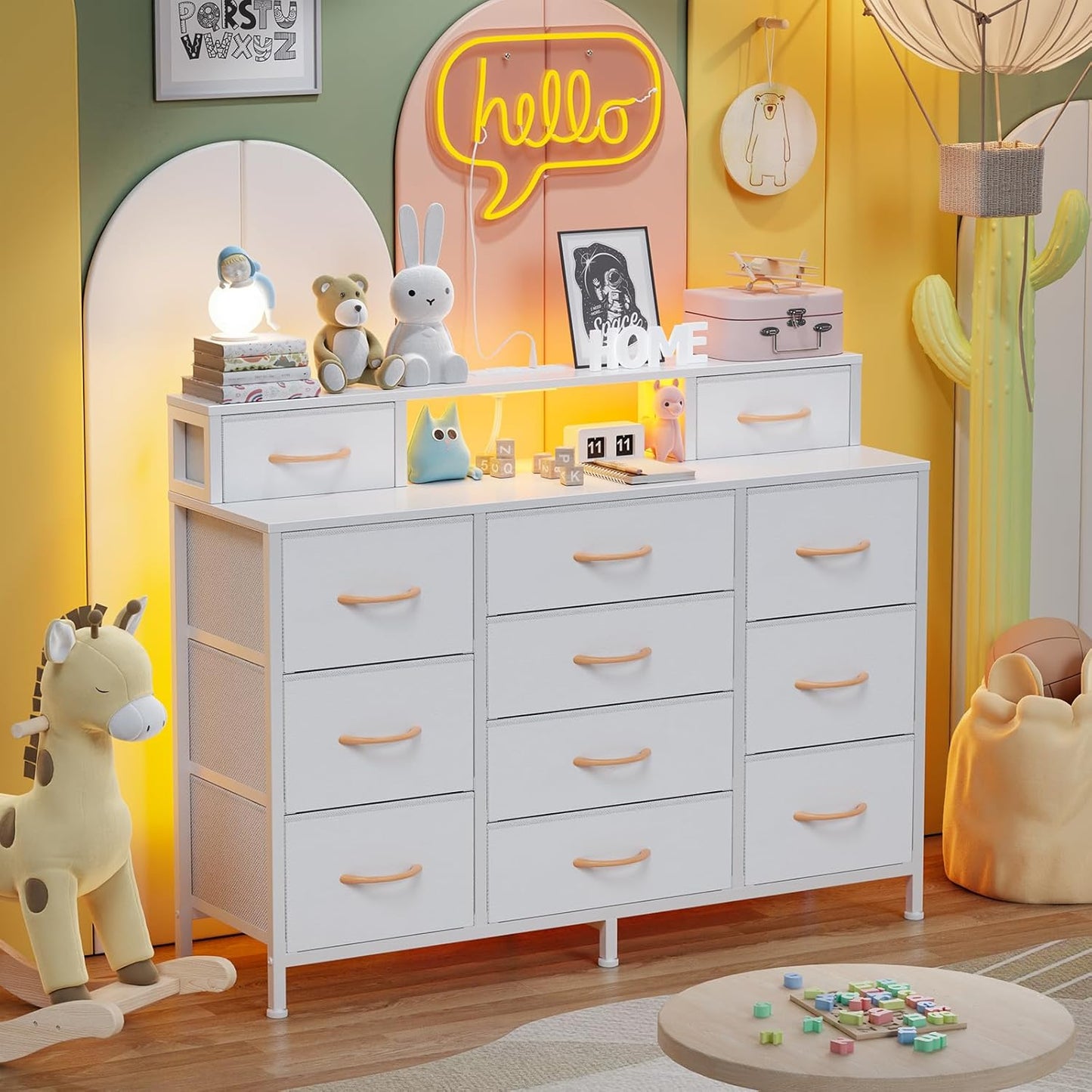White Bedroom Dresser with LED Lighting and Charging Station, 47" Wide Chest Featuring 12 Fabric Storage Drawers, Versatile Vanity Furniture for Closet and Entryway, Includes 2 Shelves and Metal Frame