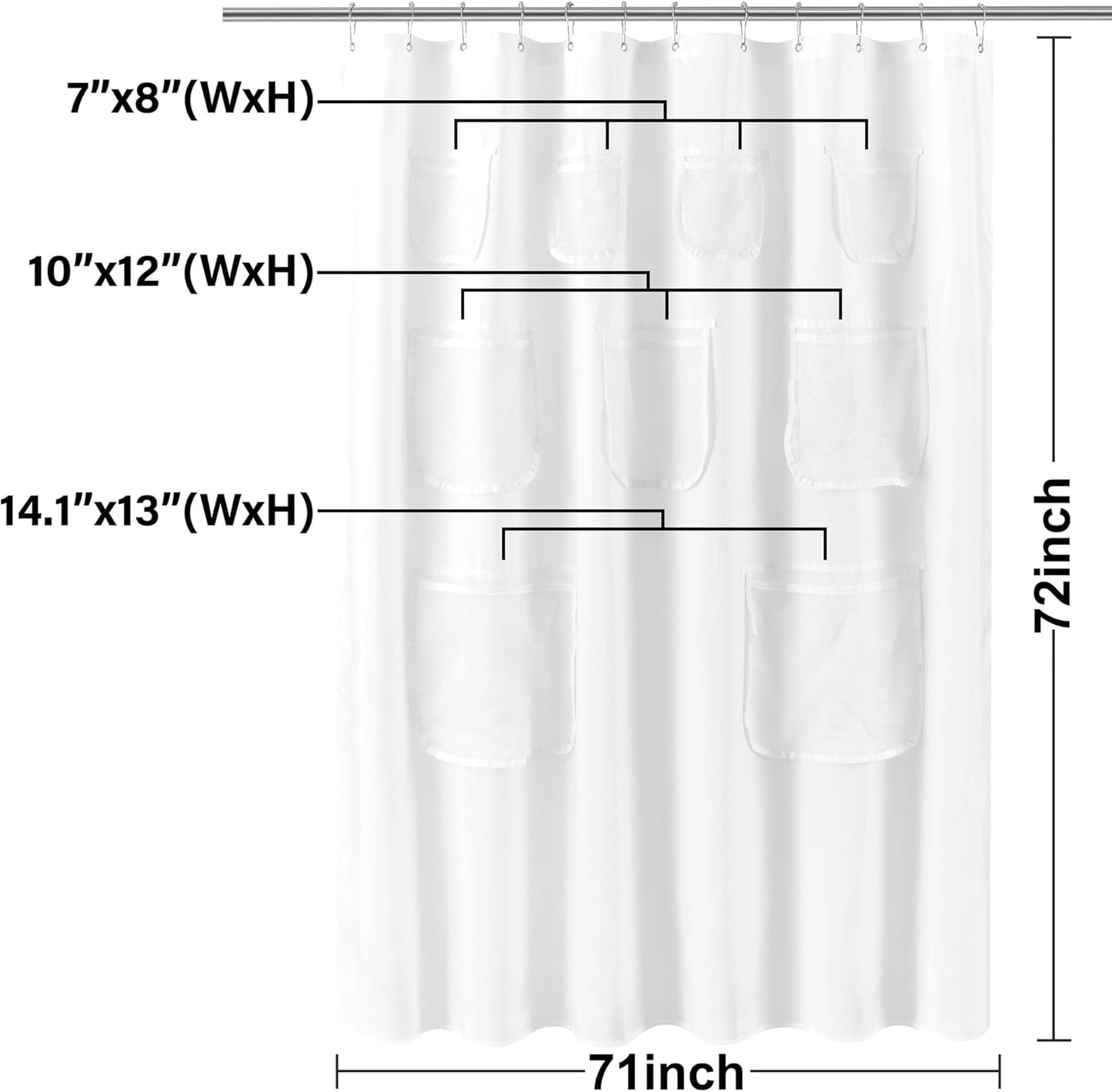 Water Repellent Fabric Shower Curtain or Liner with 9 Mesh Pockets - White, 71X72 Inches