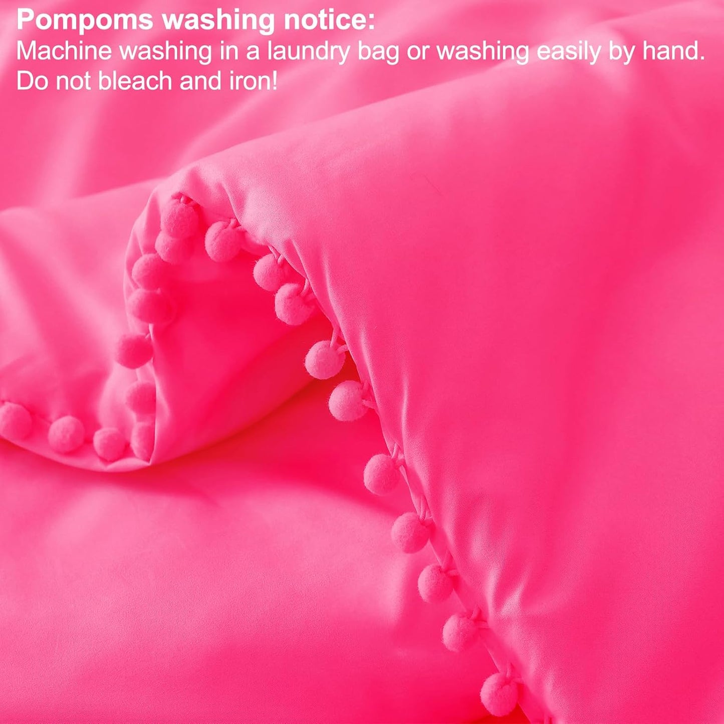 Bohemian Pom Pom Ball Fringe Queen Comforter Set, 3-Piece Lightweight Down Alternative Bedding for All Seasons in Hot Pink