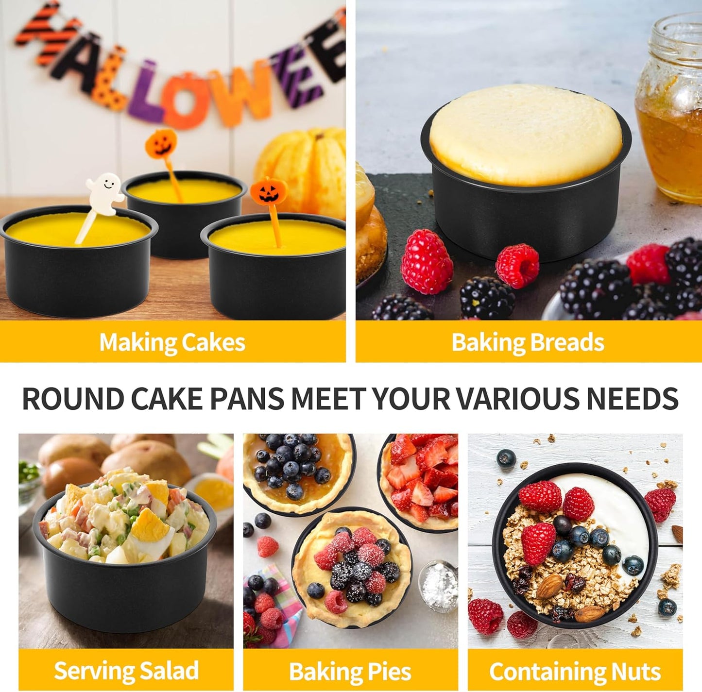 Cake Pan Set of 3, Non-Stick round Baking Cake Pans Tins for Tier Smash Cakes, Non-Toxic & Solid, Stainless Steel Core & Leak-Proof, 4 Inch
