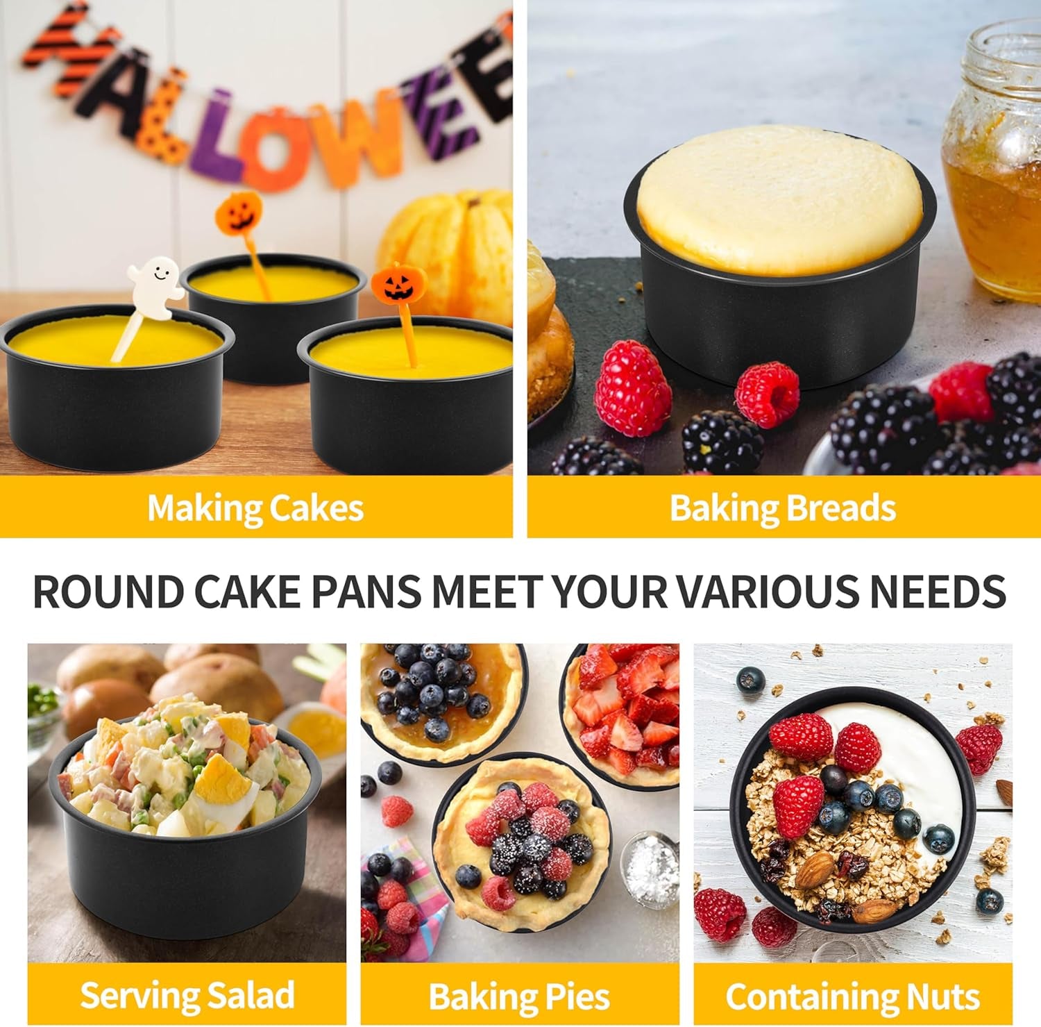 Cake Pan Set of 3, Non-Stick round Baking Cake Pans Tins for Tier Smash Cakes, Non-Toxic & Solid, Stainless Steel Core & Leak-Proof, 4 Inch