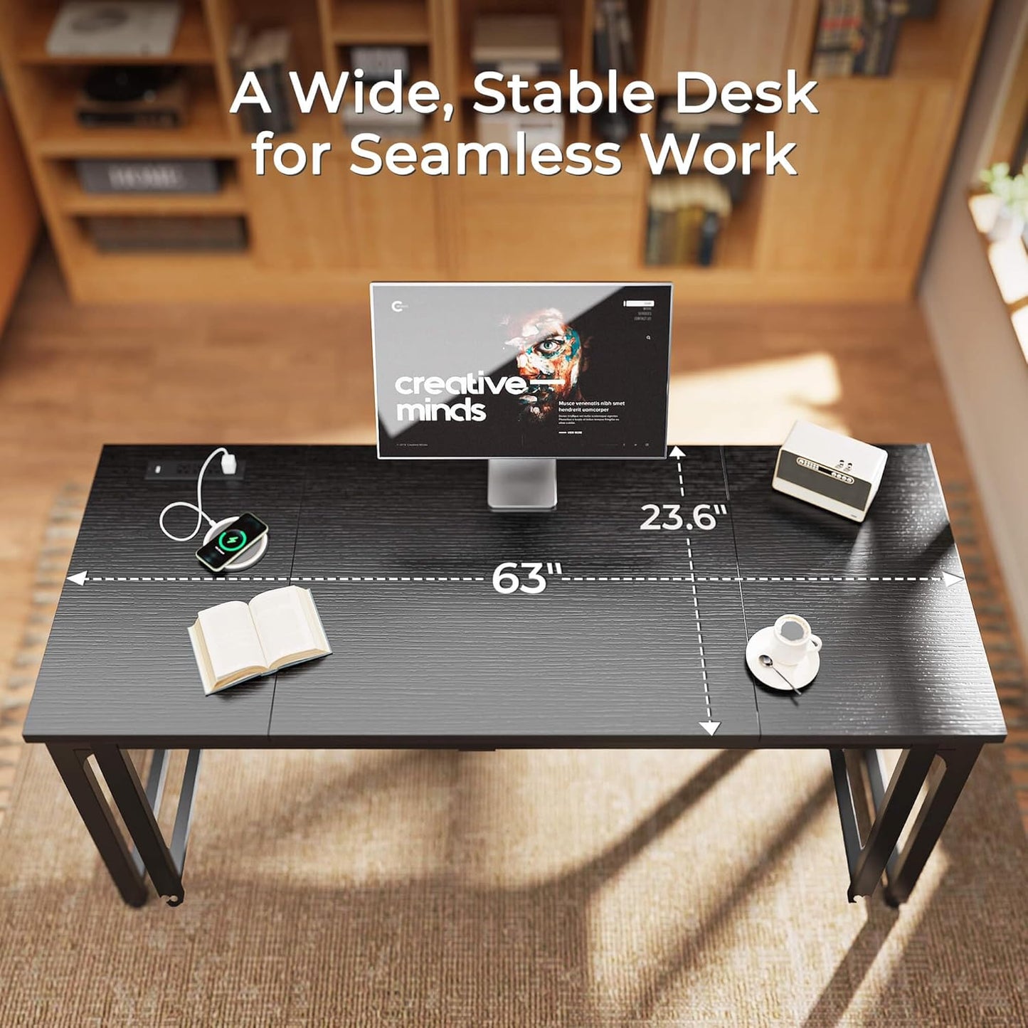 63 x 24 Inch Heavy-Duty Computer Desk with Power Outlets & USB-C, Enhanced Desktop Thickness, Sturdy Metal Frame, Ideal for Home Office and Gaming, Black