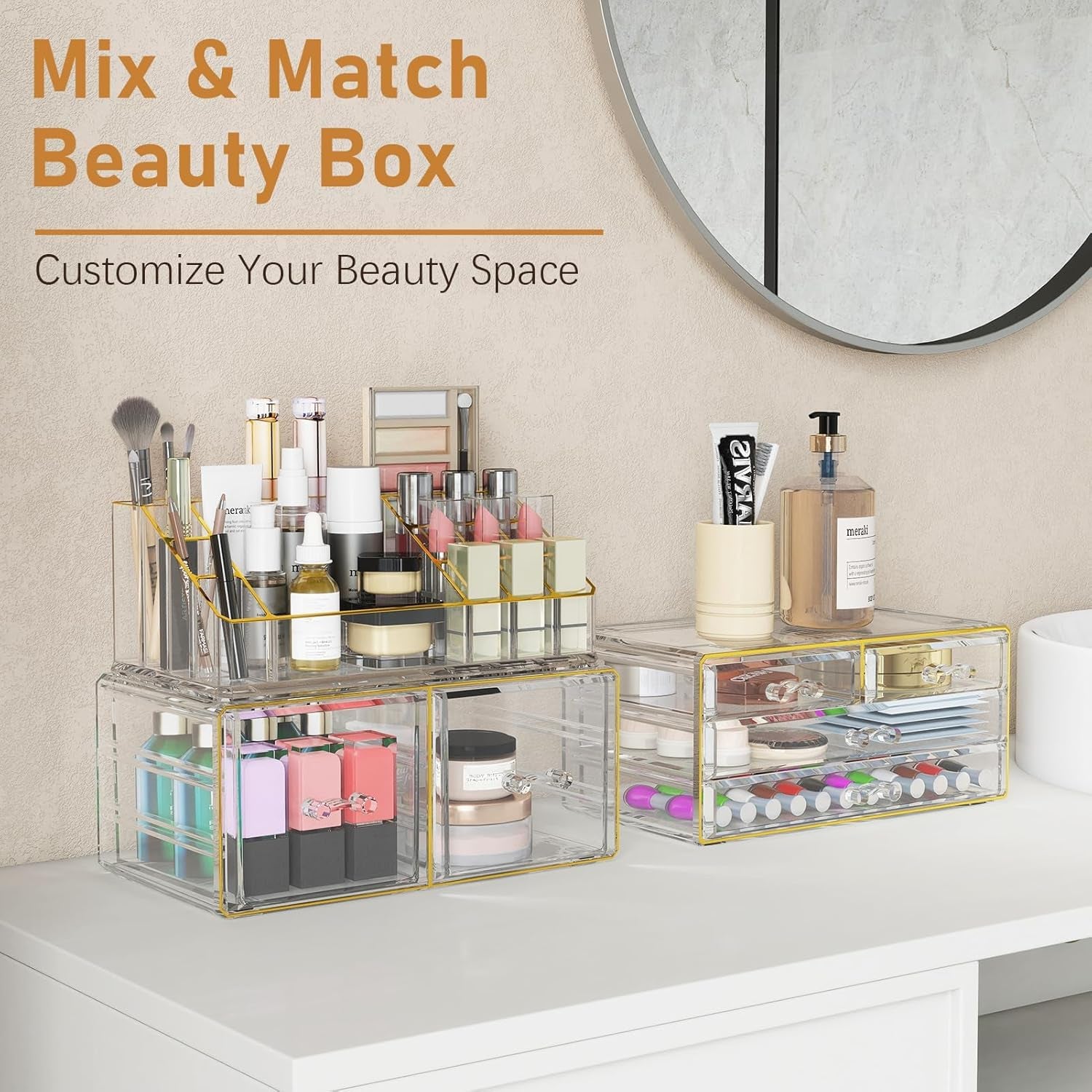 3-Tier Acrylic Makeup Organizer Countertop - Cosmetic Organizer with 6 Drawers, Vanity Organizer for Bathroom/Bedroom, Stackable Makeup Organizers for Lipstick Brush, Skincare, Perfume, Clear