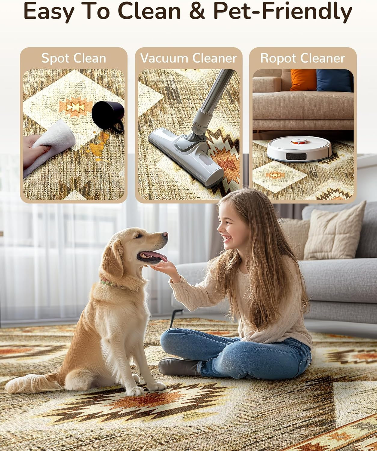 Area Rug 5X7 Rug Machine Washable Non-Slip Low Pile Print Pattern Western Rug for Living Room Bedroom Entryway Tribal Series -Cream/Camel