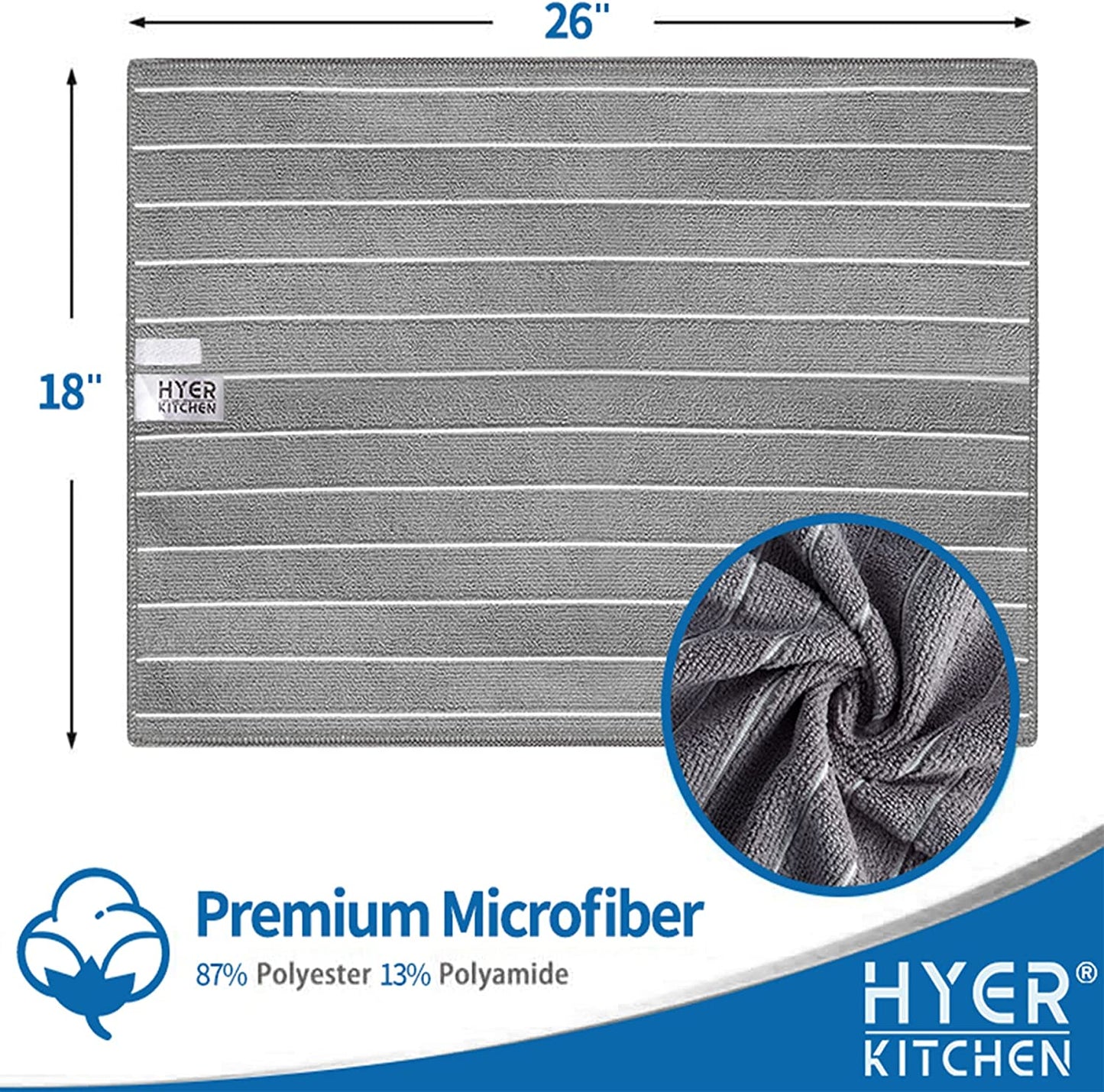 Microfiber Kitchen Towels, Stripe Designed, Super Soft and Absorbent Dish Towels, Pack of 8, 18 X 26 Inch, Gray and White