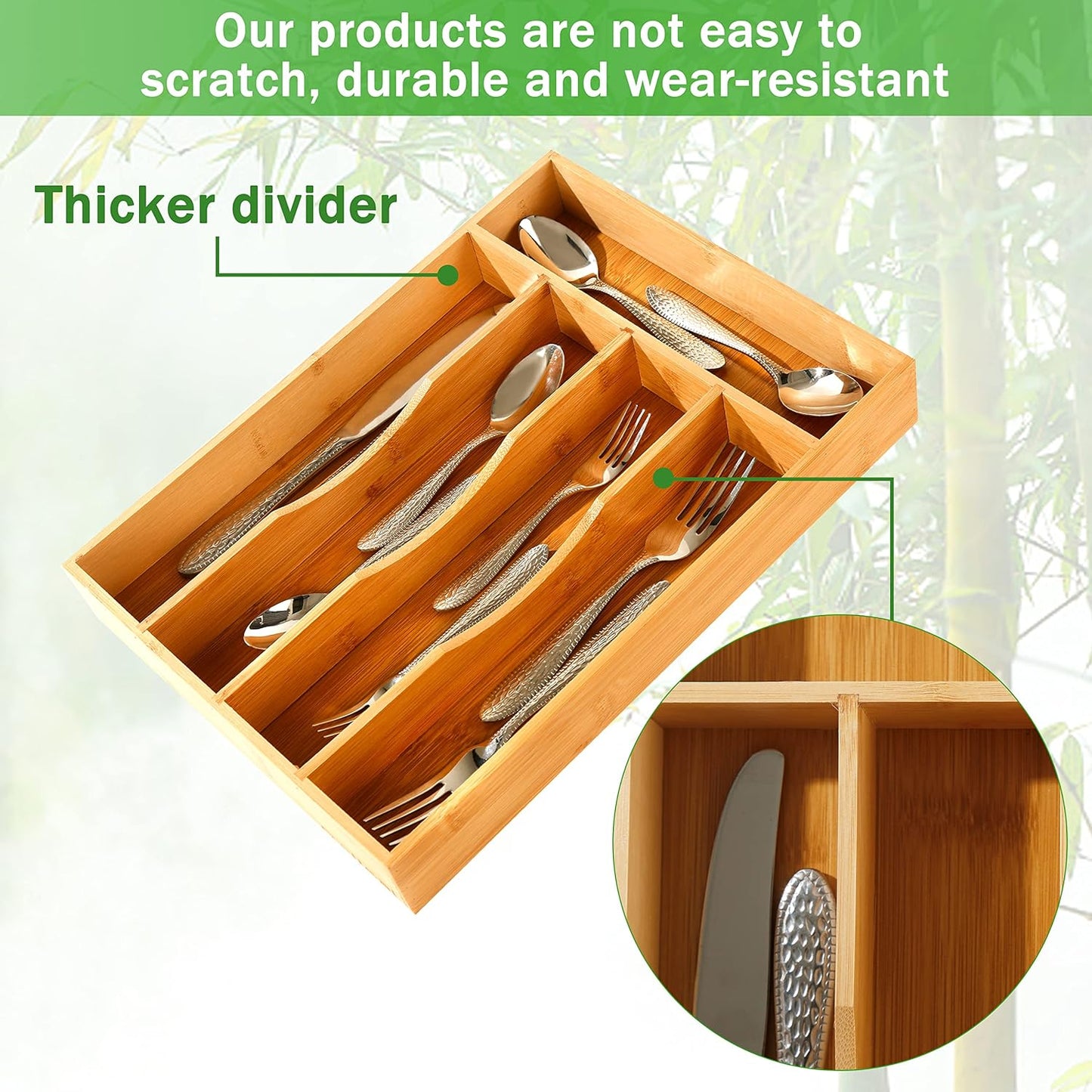 Silverware Organizer 10 in Utensil Organizer Silverware Tray for Drawer Cutlery Flatware Organizer for Kitchen Bamboo Wood