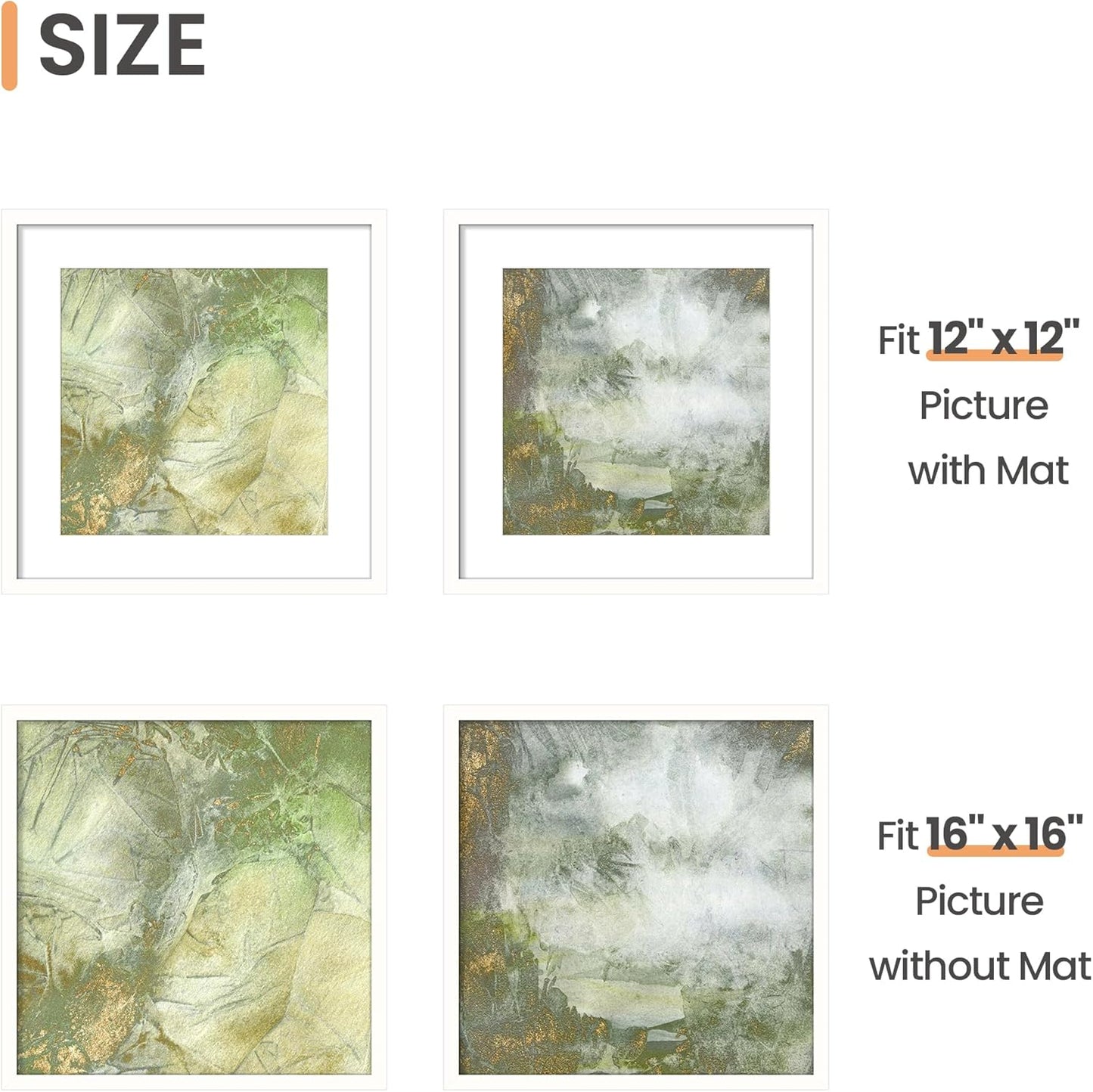 16X16 Picture Frame, Display Pictures 12X12 with Mat or 16X16 without Mat, Wall Hanging Poster Frame, White, 1 Pack