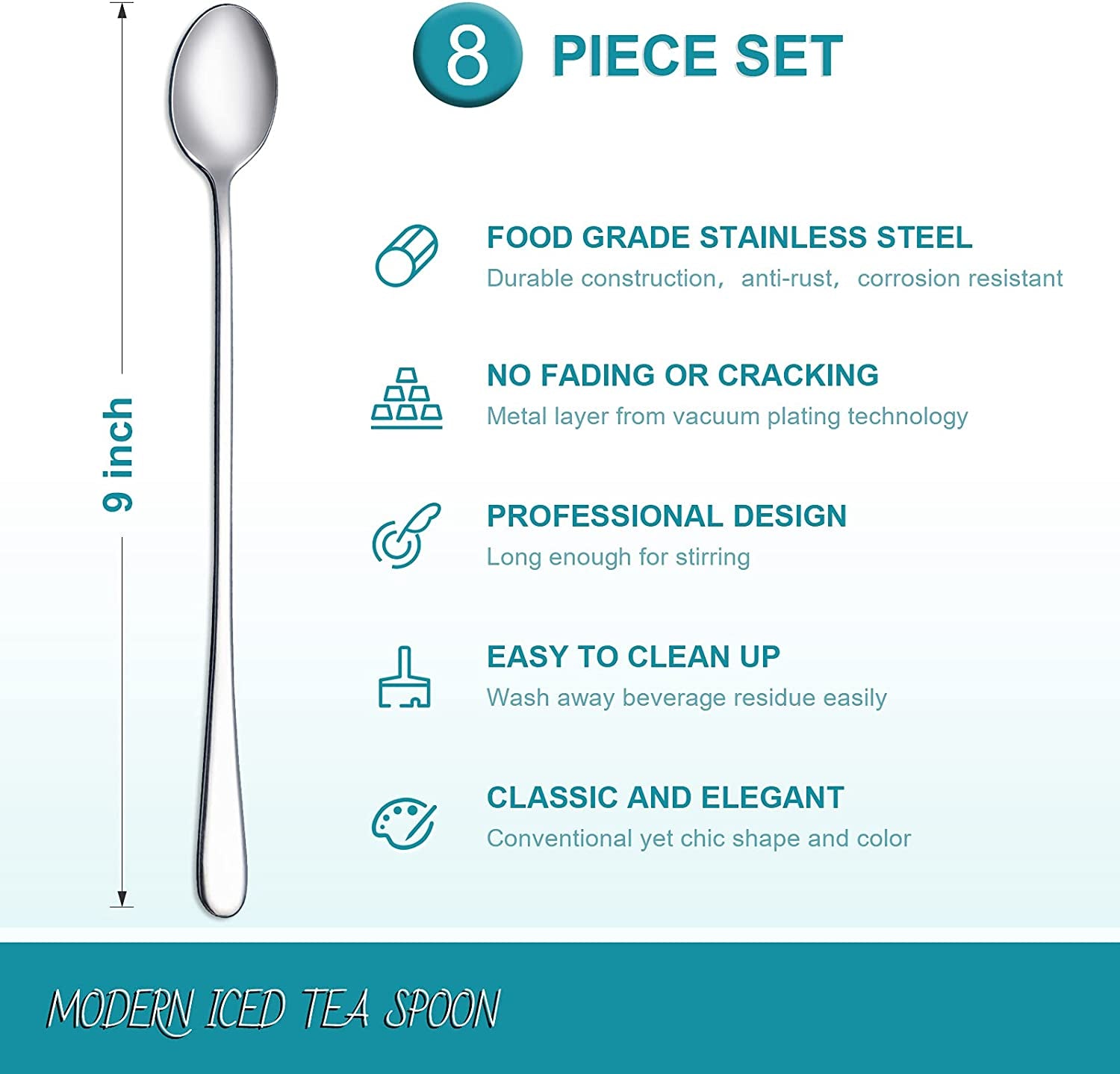 8-Piece 9-Inch Long Handle Iced Tea Spoon, Coffee Spoon, Ice Cream Spoons, Stainless Steel Cocktail Stirring Spoons