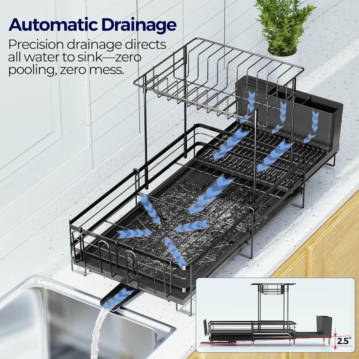 2 Tier Large Dish Drying Rack - Extendable Dish Rack for Kitchen Counter, Multifunctional Dish Drainer with Drainboard Set, Dishrack with Utensil Holder & Cup Holder, 13.4"-28.7" L X 11.8" W