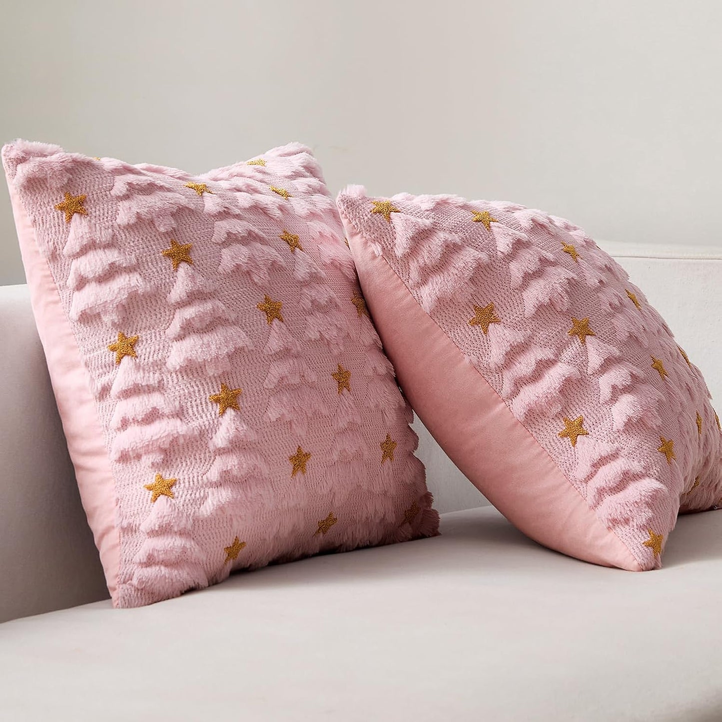 Christmas Pillow Covers 18X18 Inch Set of 2, Pink Christmas Tree Plush Faux Fur Pillowcases Soft Decorative Throw Pillow Cases for Couch Sofa Living Room Winter Xmas Holiday Home Decor