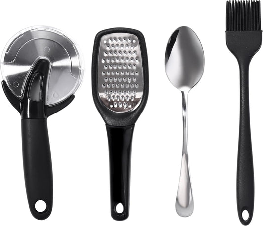 Classic Pizza Wheel with Sharp Blade for Cutting through Crusts, Pies and More, Premium Pizza Cutter Comes with a Cheese Grater, Spoon and Grease Brush, Dishwasher Safe, Black