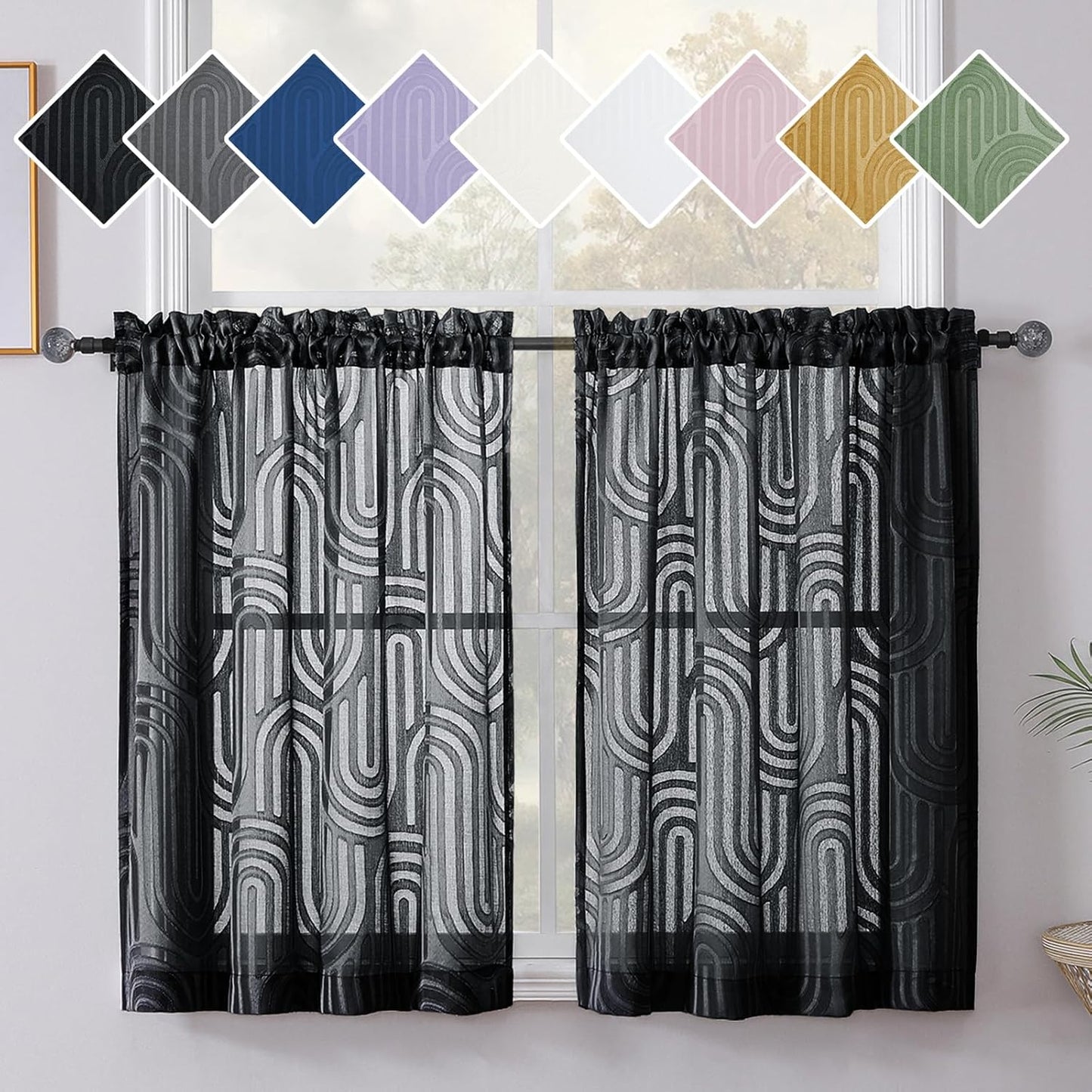 Sheer Black Curtains Kitchen 36 Inch Length 2 Panels Set for Window, Soft Airy Geometric Jacquard Semi Sheer Curtains for Bathroom, Modern Rod Pocket Window Curtains, 42Wx36L Inches